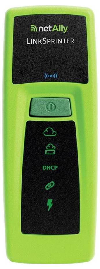 Een groene handheld netwerktester met het label 'netAlly LinkSprinter' met LED-indicatoren voor voeding, cloudverbinding, DHCP en netwerkverbinding.