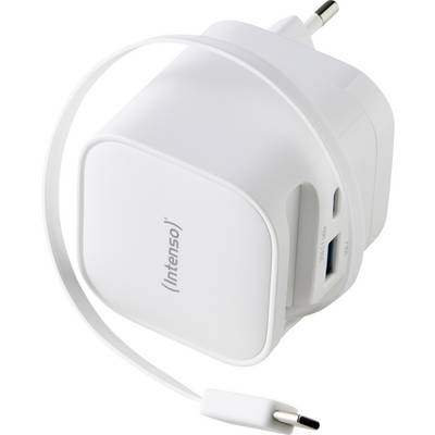 Een witte Intenso USB-wandlader met een Europese stekker en aangesloten USB-C-kabel, ontworpen voor het opladen van elektronische apparaten.
