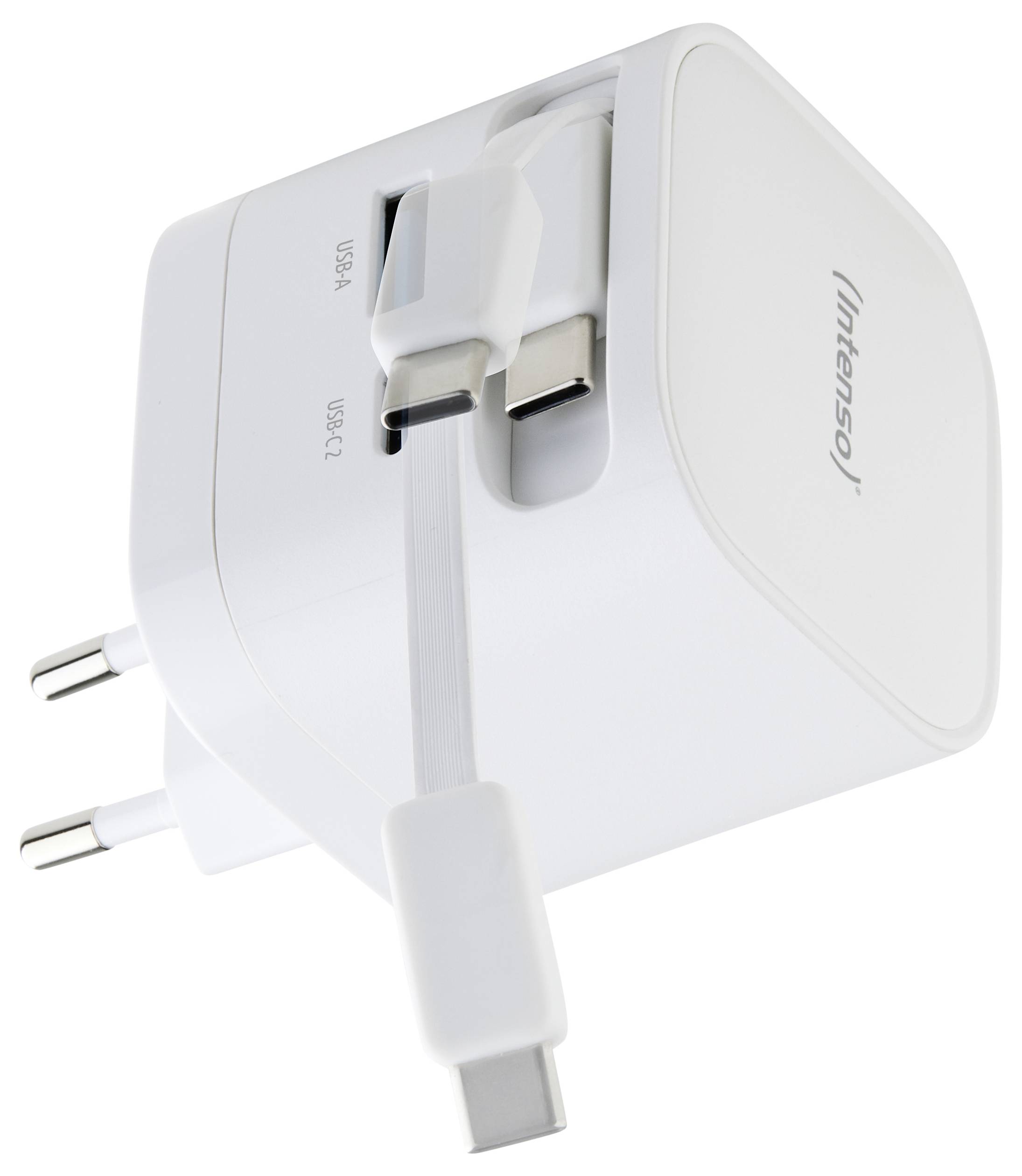 Een witte Intenso-wandlader met dubbele USB-poorten, USB-A en USB-C-kabels aangesloten, ontworpen voor snel opladen.
