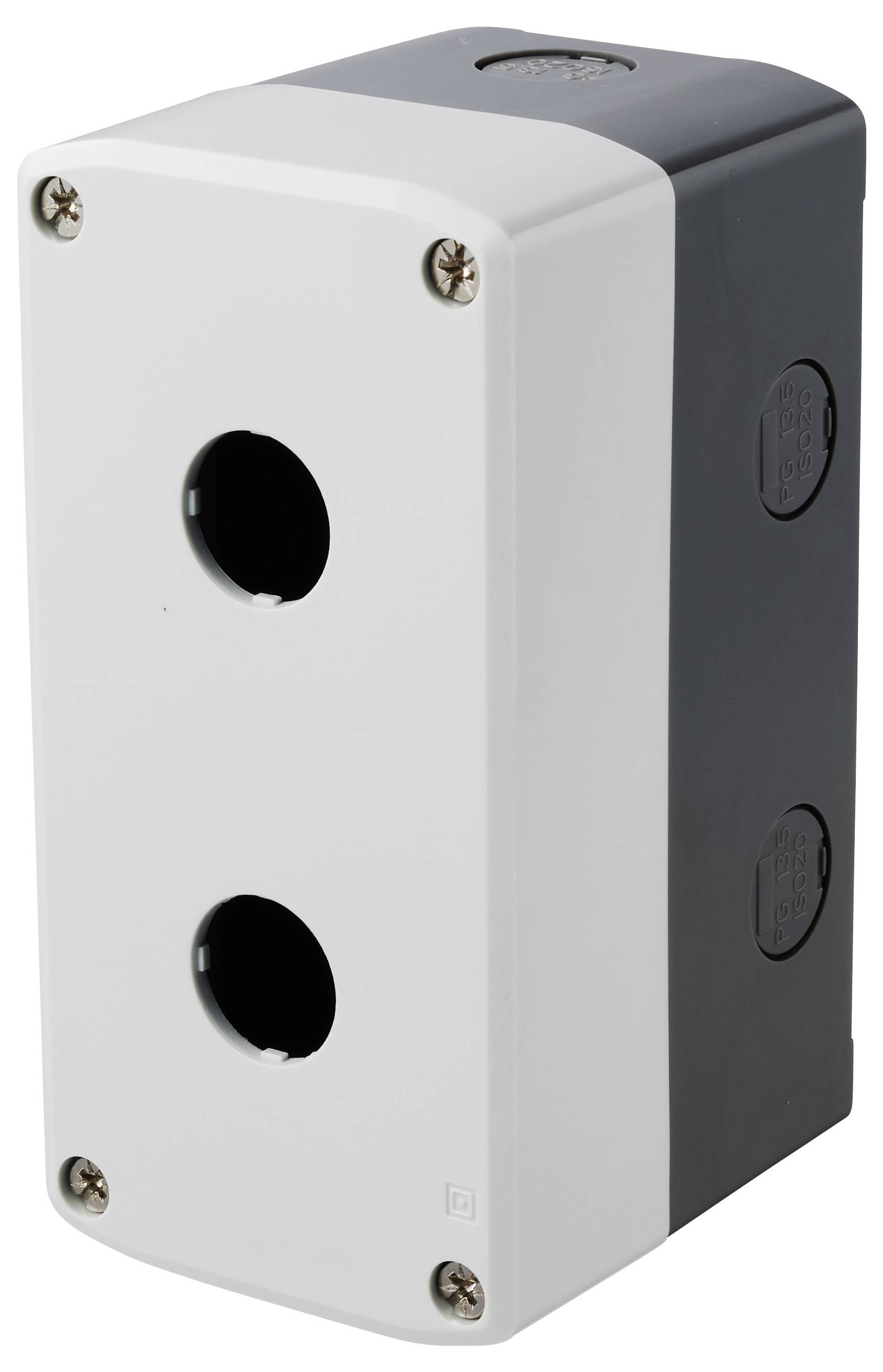 Witte en donkergrijze elektrische wanddoos met twee ronde frontopeningen en schroefbevestigingen, afgebeeld op een neutrale achtergrond.