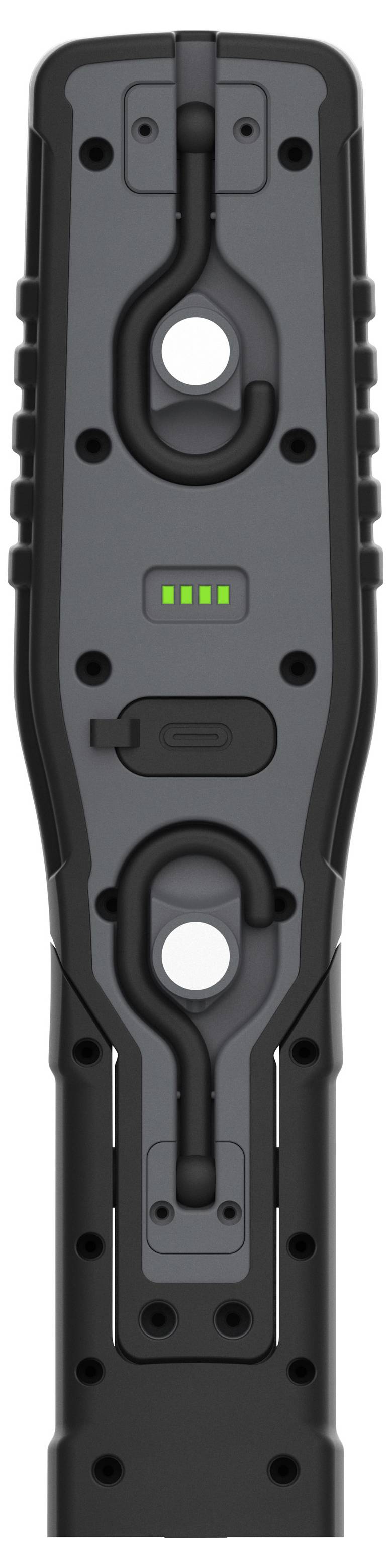 Vooraanzicht van een zwart handheld apparaat met een centrale riem en twee circulaire openingen, plus een kleine groene vier-staven batterij-indicator.