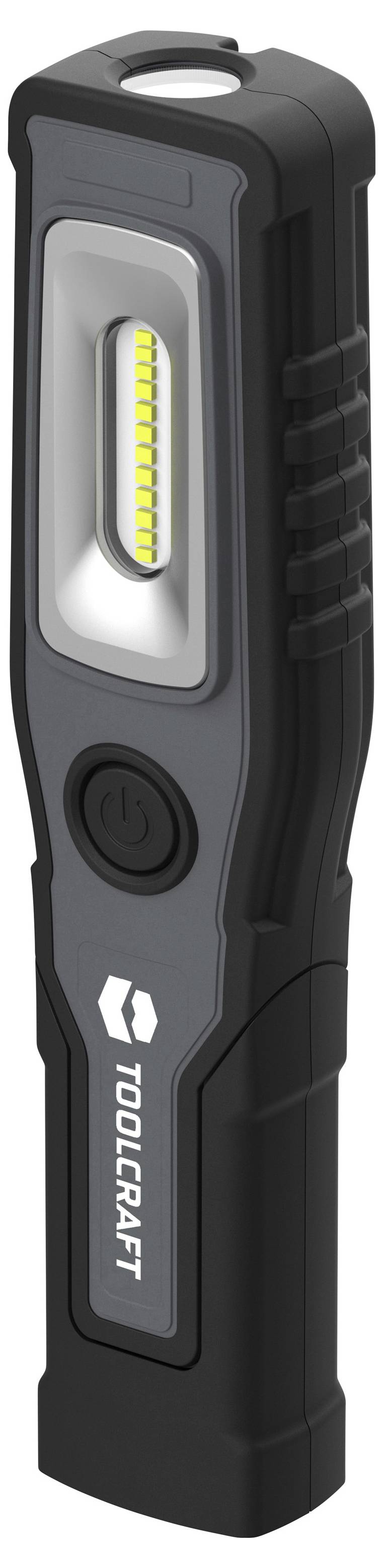 Zwarte Toolcraft draagbare LED-werklamp met voorste lichtstrip, aan/uit-knop en bovengreep met haak.