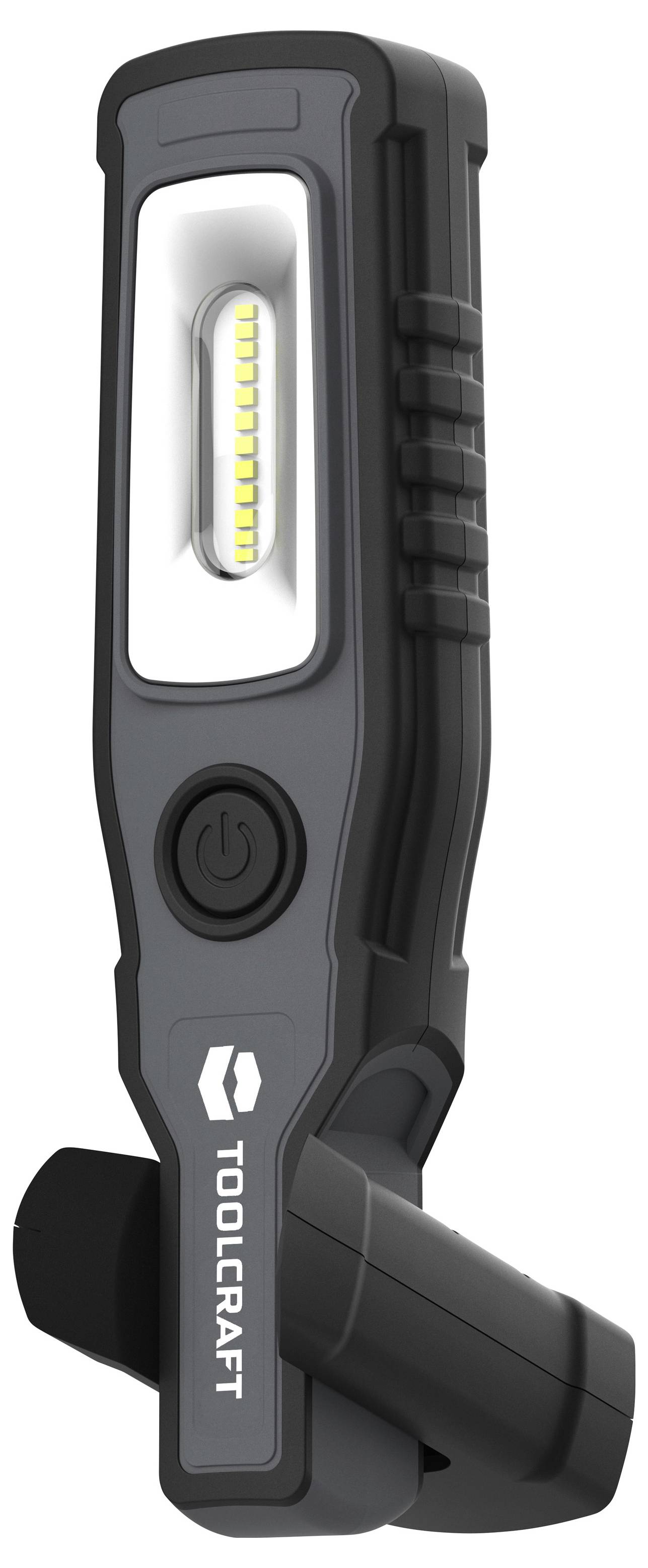 Zwart Toolcraft LED-werklicht met voorpaneel, zijdelingse aan-/uitknop en zwenkbare voetsteun.