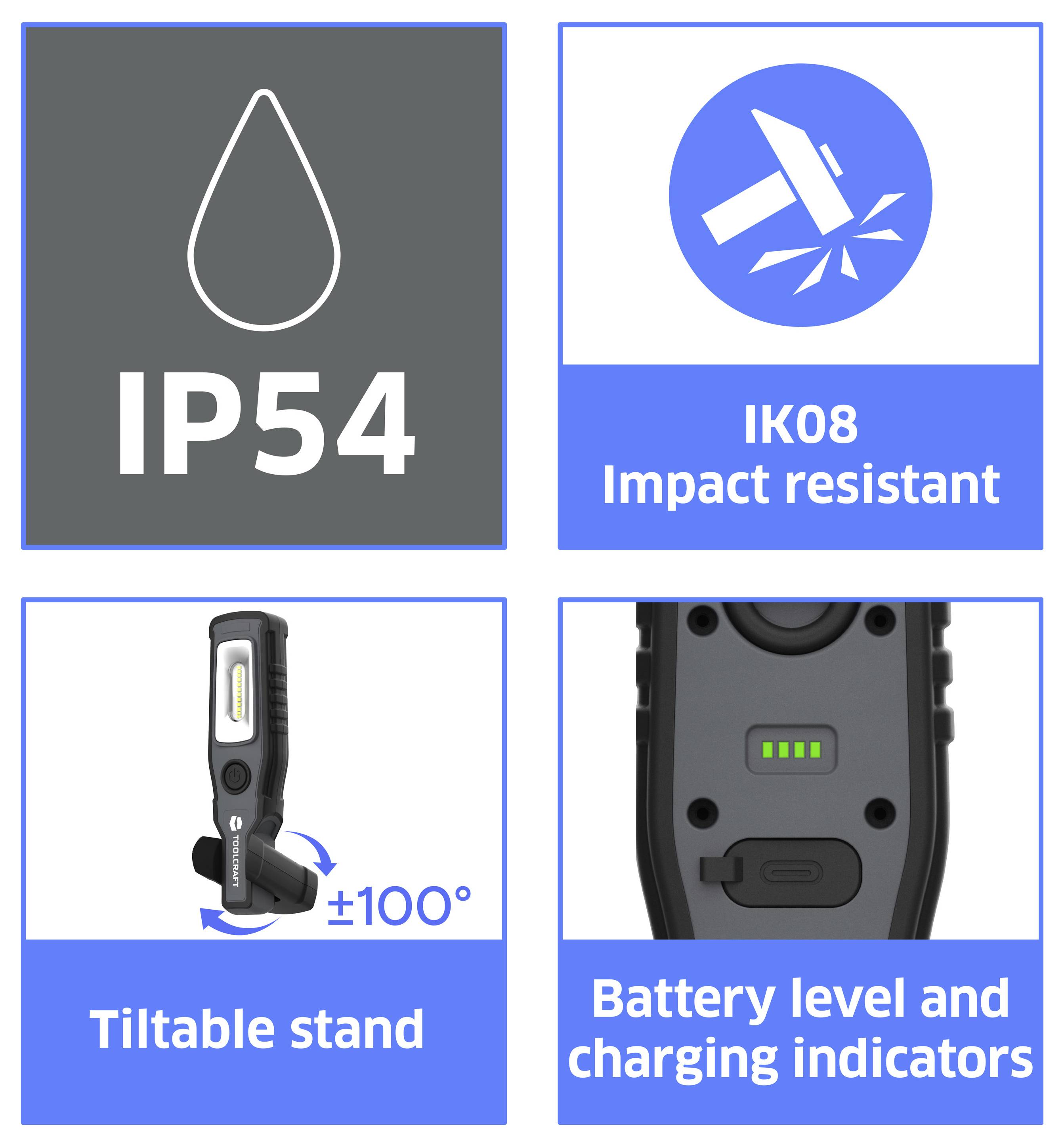 Vier functievensters tonen IP54 waterdichtheid, IK08 slagvastheid, een kantelbare standaard met ±100° instelstelling, en indicatoren voor batterijniveau en laden.