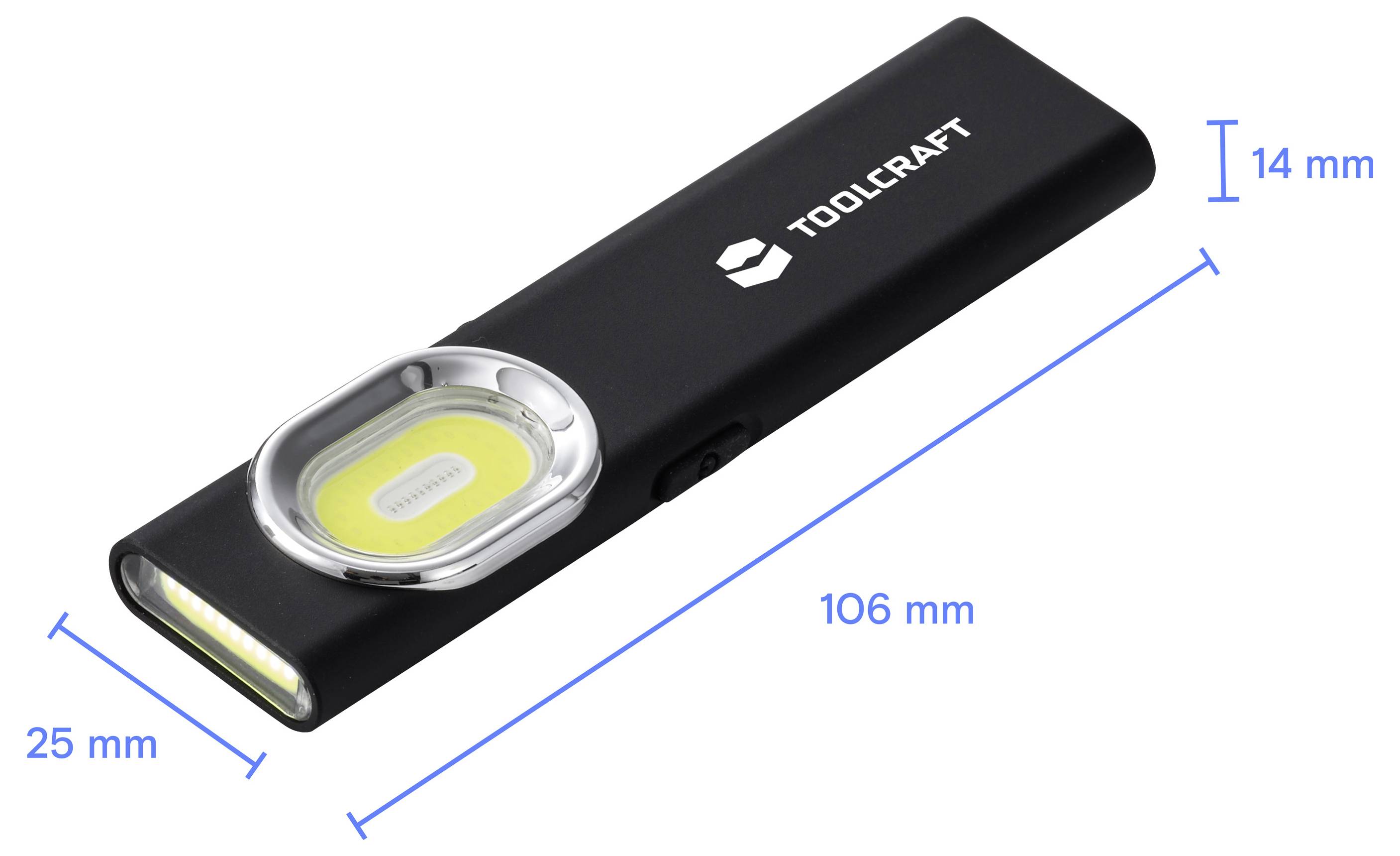 Zwart TOOLCRAFT compact werklicht afgebeeld met afmetingen van 106 mm lang, 25 mm breed en 14 mm hoog.