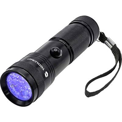 Zwarte draagbare zaklamp met blauw LED-licht, gestructureerde grip, aan/uitknop en polsband op een witte achtergrond.