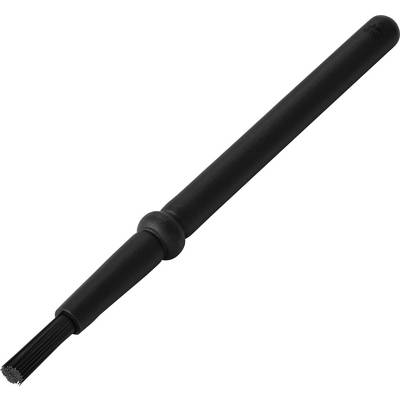 Zwarte handheldige schoonmaakborstel met een lange greep en smalle borstelharen op een witte achtergrond.