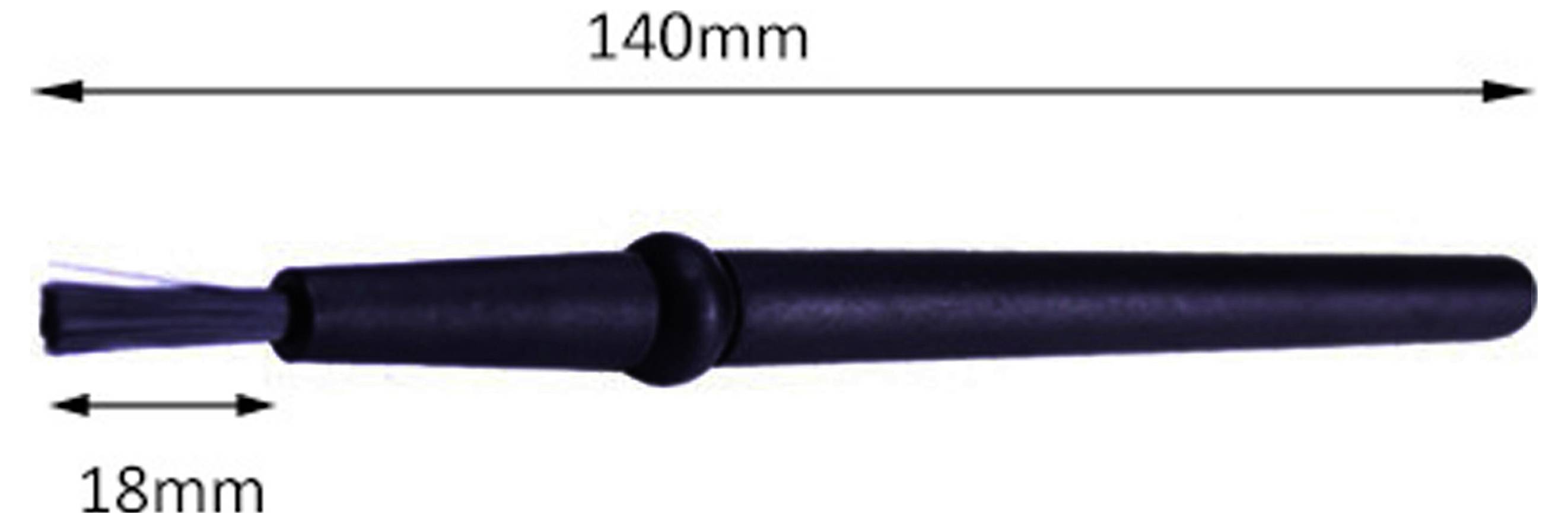 Zwart cilindrisch gereedschap met een centrale kraag horizontaal weergegeven, gelabeld 140 mm lang en 18 mm breed aan het linkerkant.