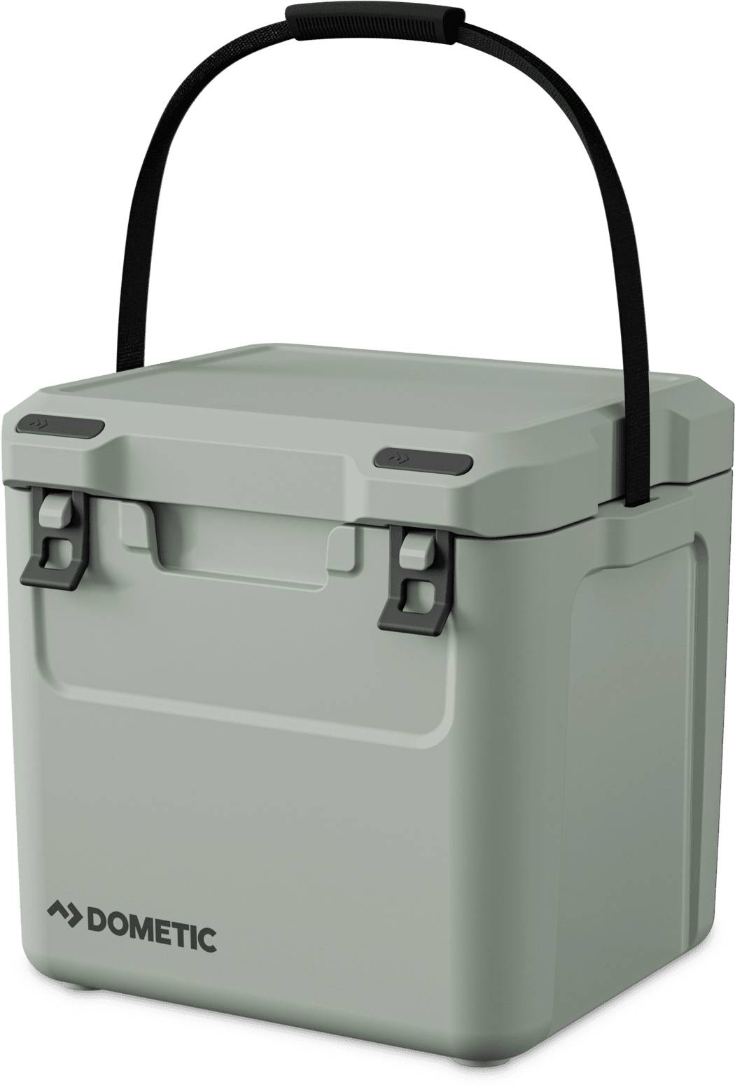 Draagbare grijze Dometic koelbox met zwart draaggreep en voorvergrendelingen, afgebeeld tegen een witte achtergrond.
