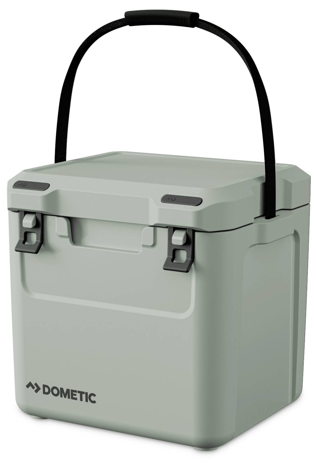 Mostergroen Dometic hardshell koelbox met zwart draaggreep en sluitingen met gespen, afgebeeld op een witte achtergrond.