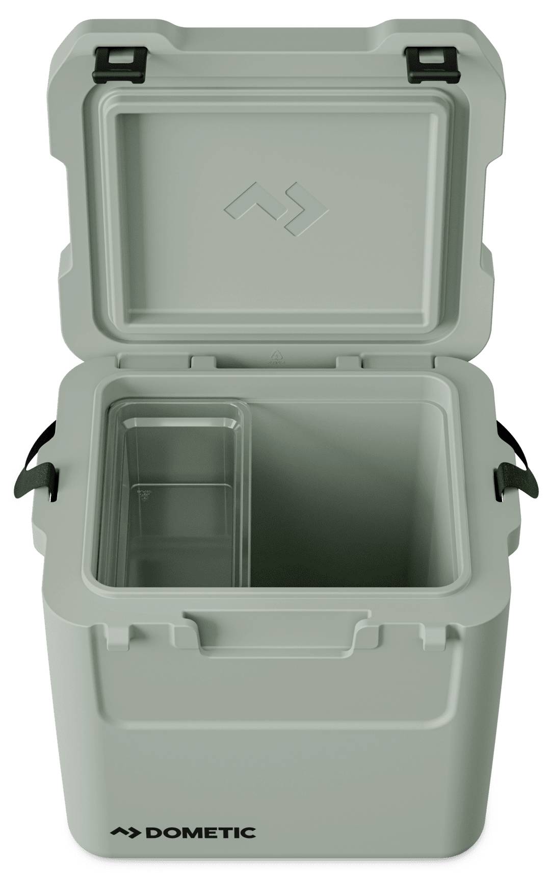 Open grijze Dometic koelbox met scharnierdeksel en interne opslagvak, weergegeven in vooraanzicht.
