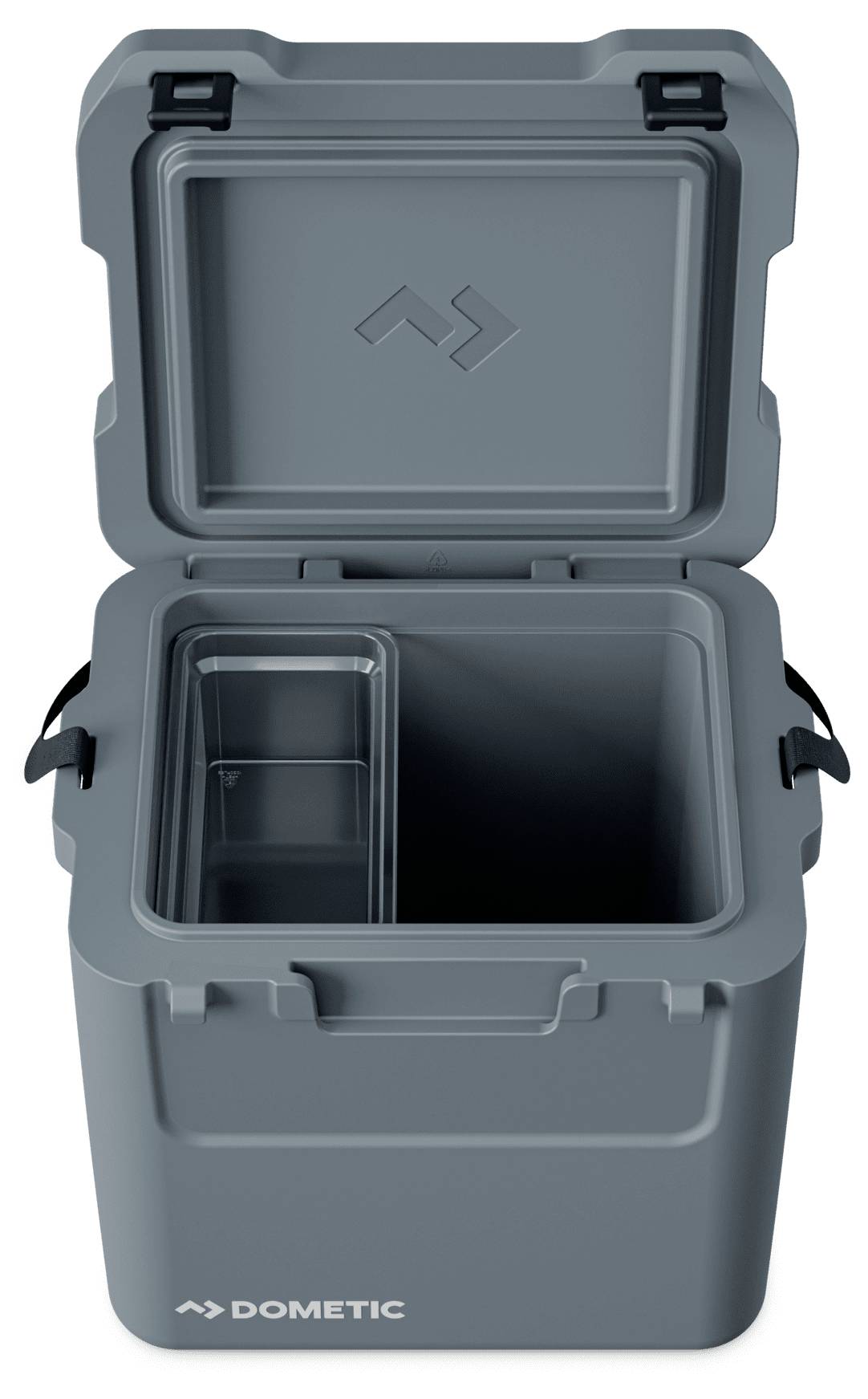 Open grijze Dometic koelbox of opbergdoos met geopend deksel, waaruit een verdeeld interieurcompartiment en lege hoofdkamer zichtbaar zijn.