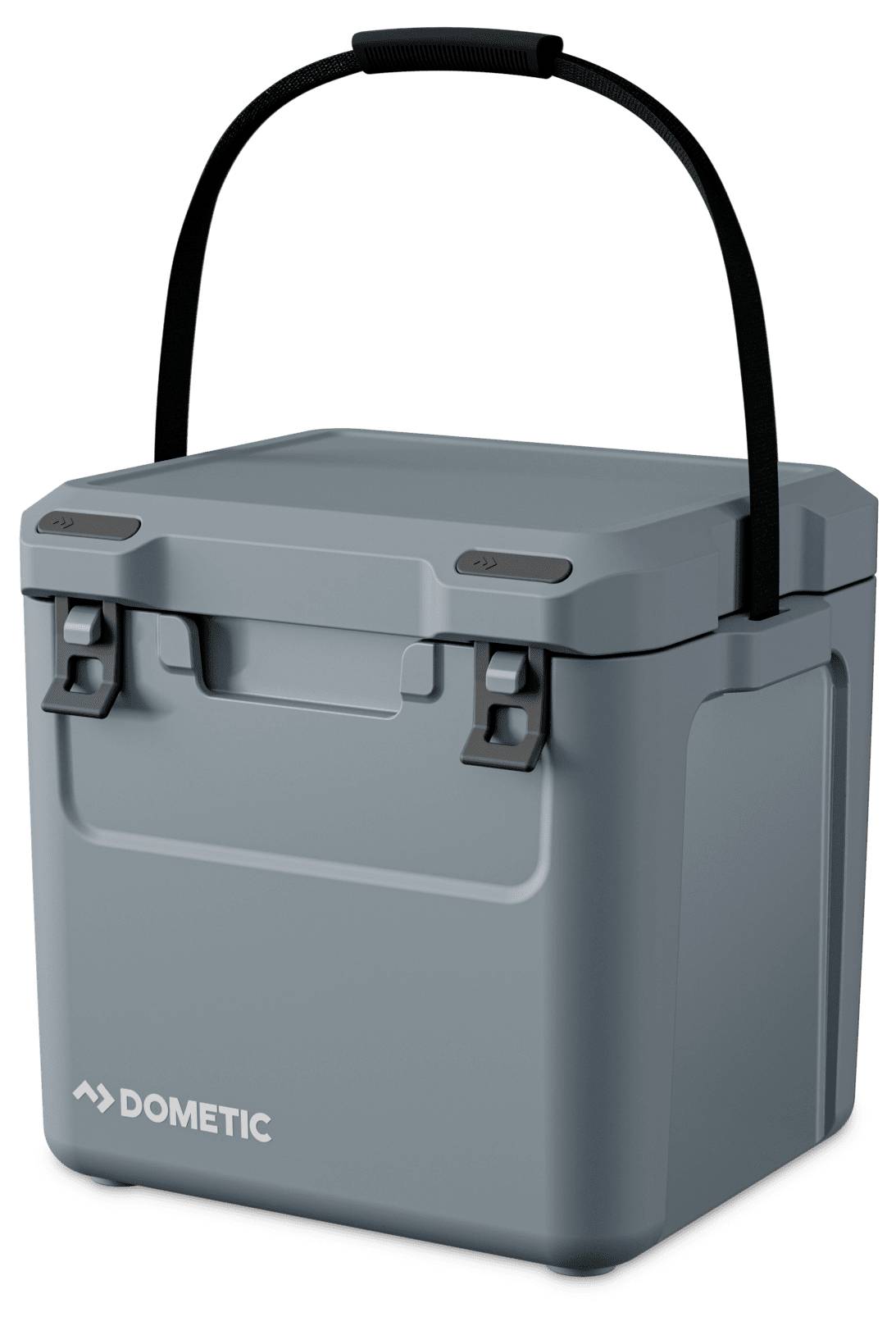 Grijze Dometic draagbare koeler met zwart draaggreep en frontsluitingen, weergegeven op een witte achtergrond.
