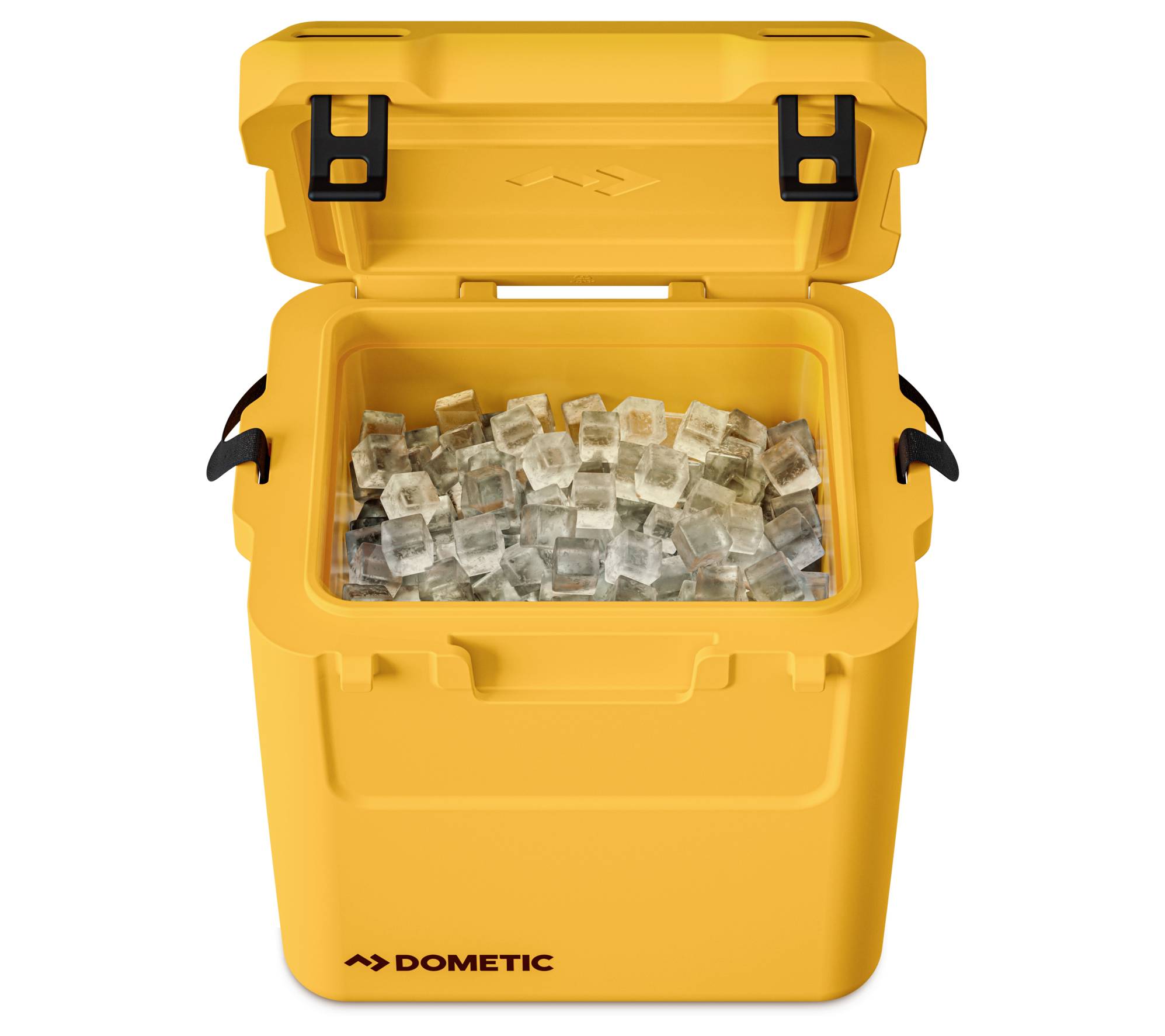 Gele Dometic koelbox open en gevuld met ijsblokjes.