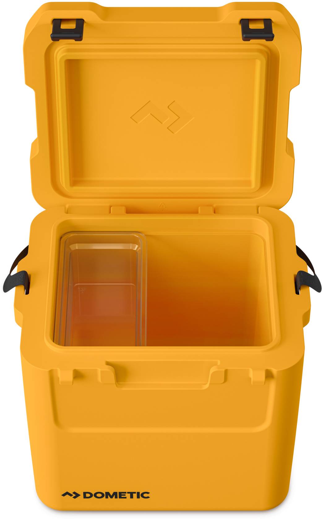 Open oranje Dometic koelbox met scharnierend deksel en lege geïsoleerde binnenkant, weergegeven in frontaanzicht met een duidelijk opslagvak binnenin.