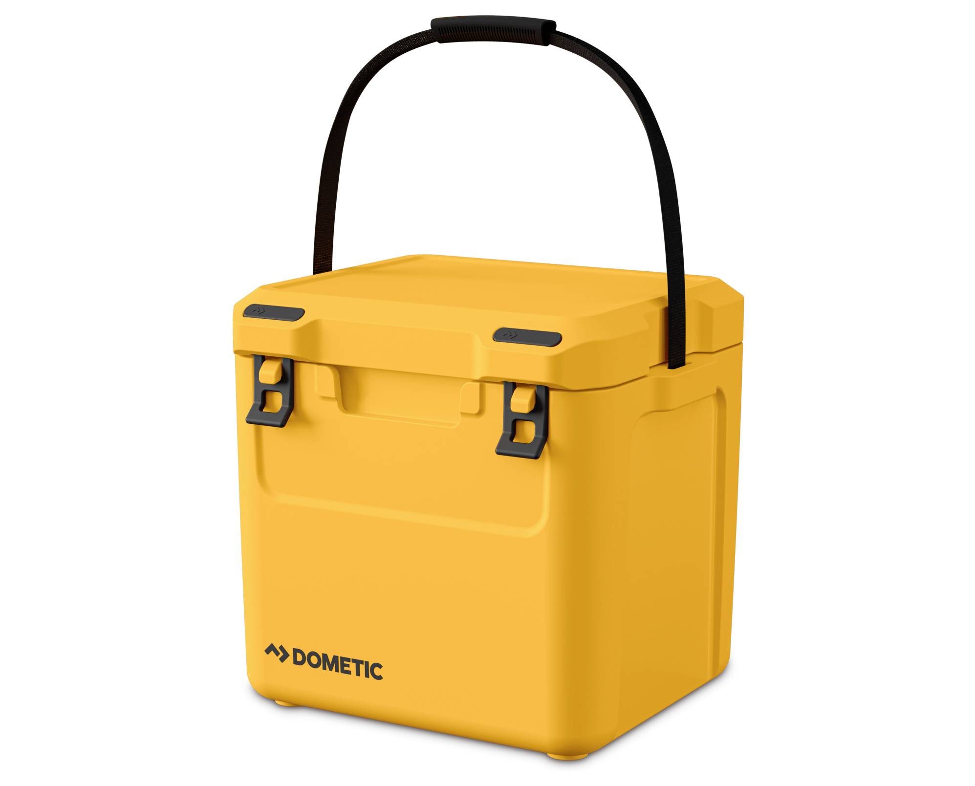 Gele Dometic draagbare koelbox met zwart draaggreep, weergegeven op een witte achtergrond.