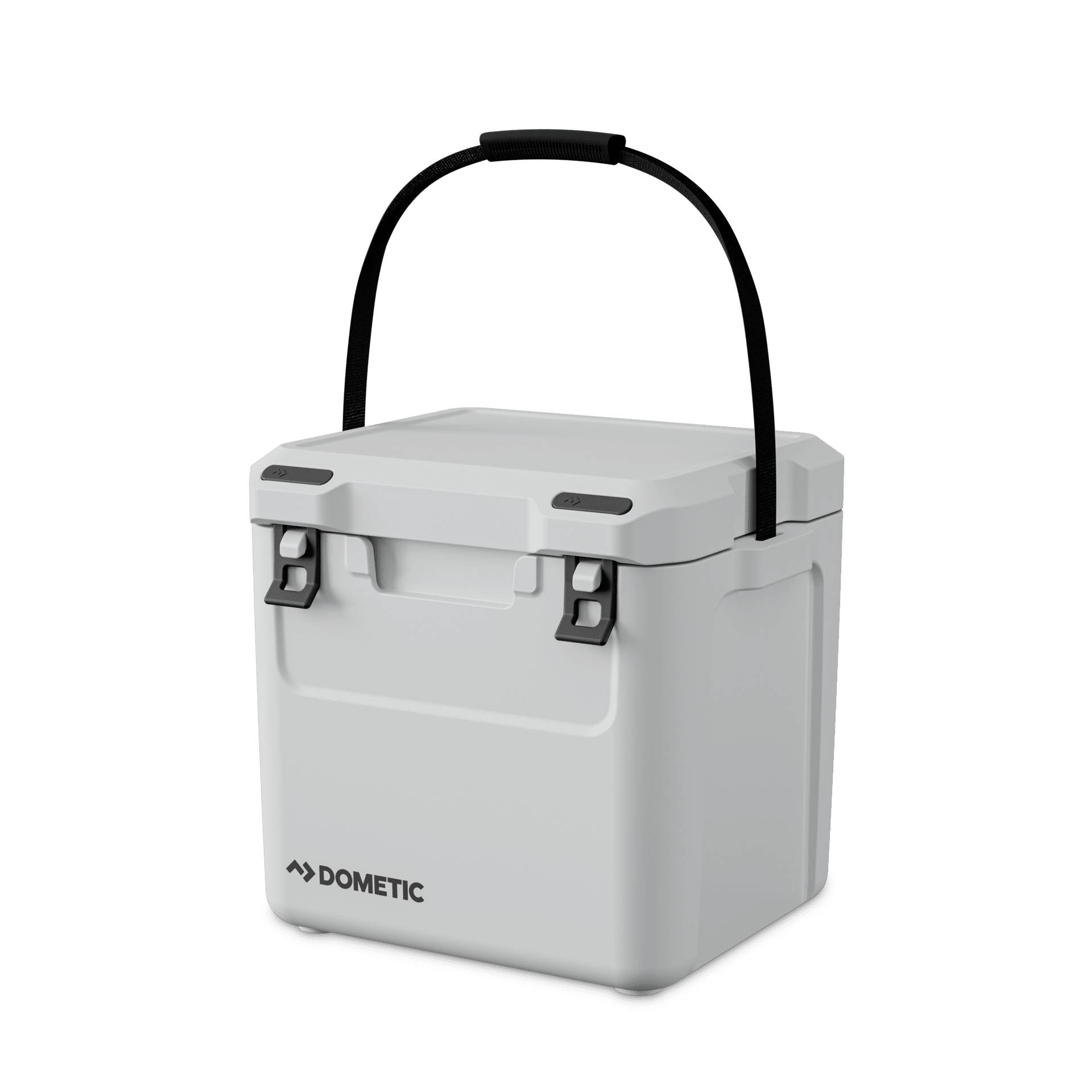 Grijze Dometic koelbox met zwart draaggreep, gesloten weergegeven op een witte achtergrond.