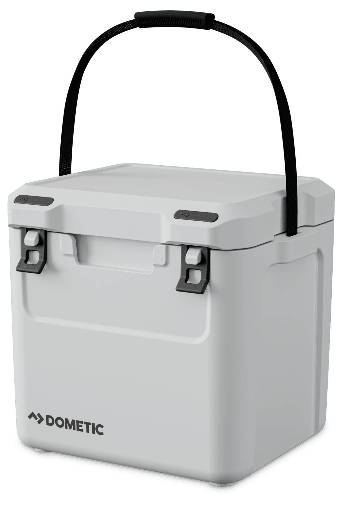 Grijze Dometic harde koelbox met zwart draaghandesl en sluitingen, weergegeven op een witte achtergrond.