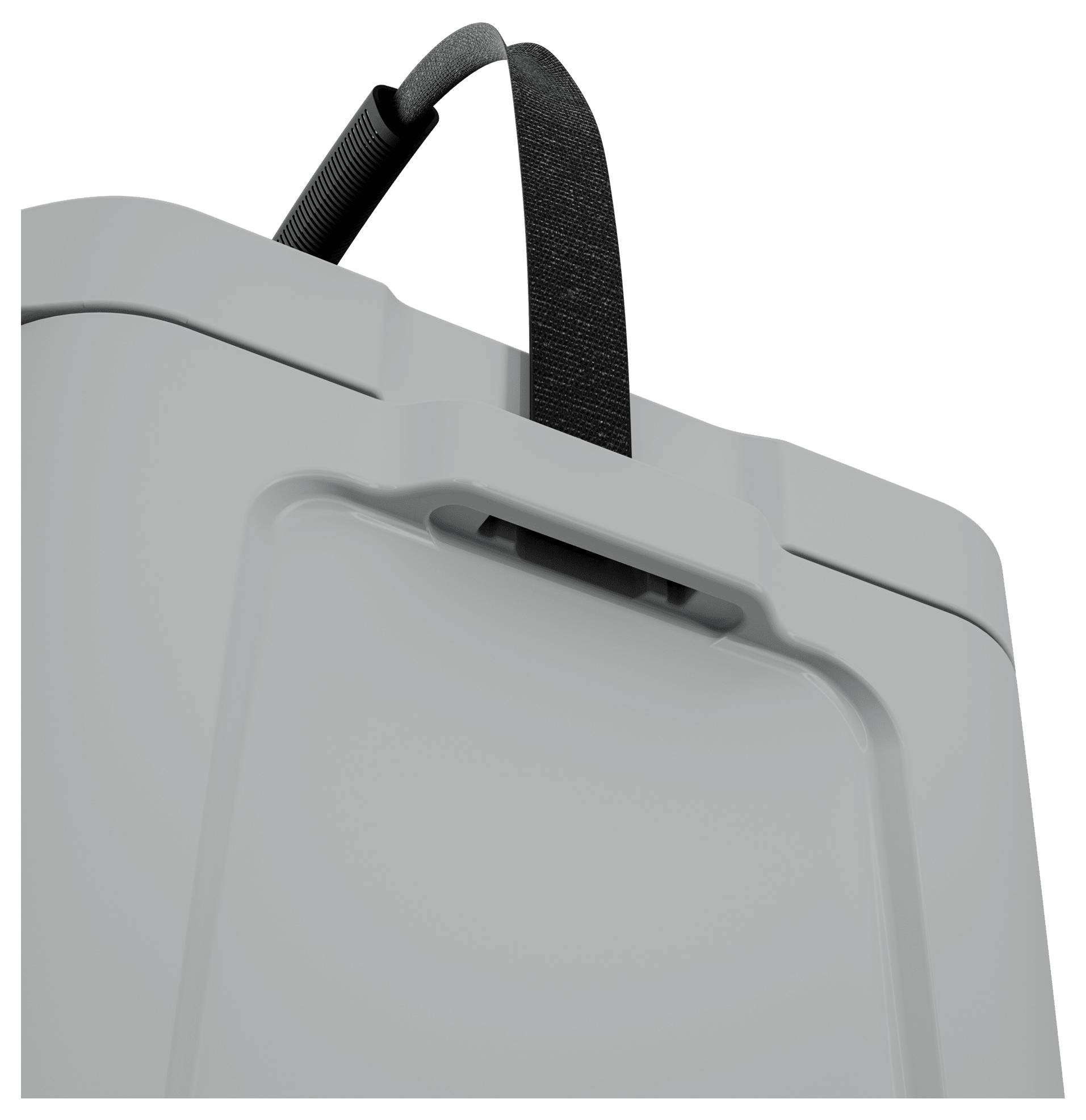 Close-up van een lichtgrijze hardcase of koffer met een zwart draaggreep en riem bovenop, getoond tegen een witte achtergrond.
