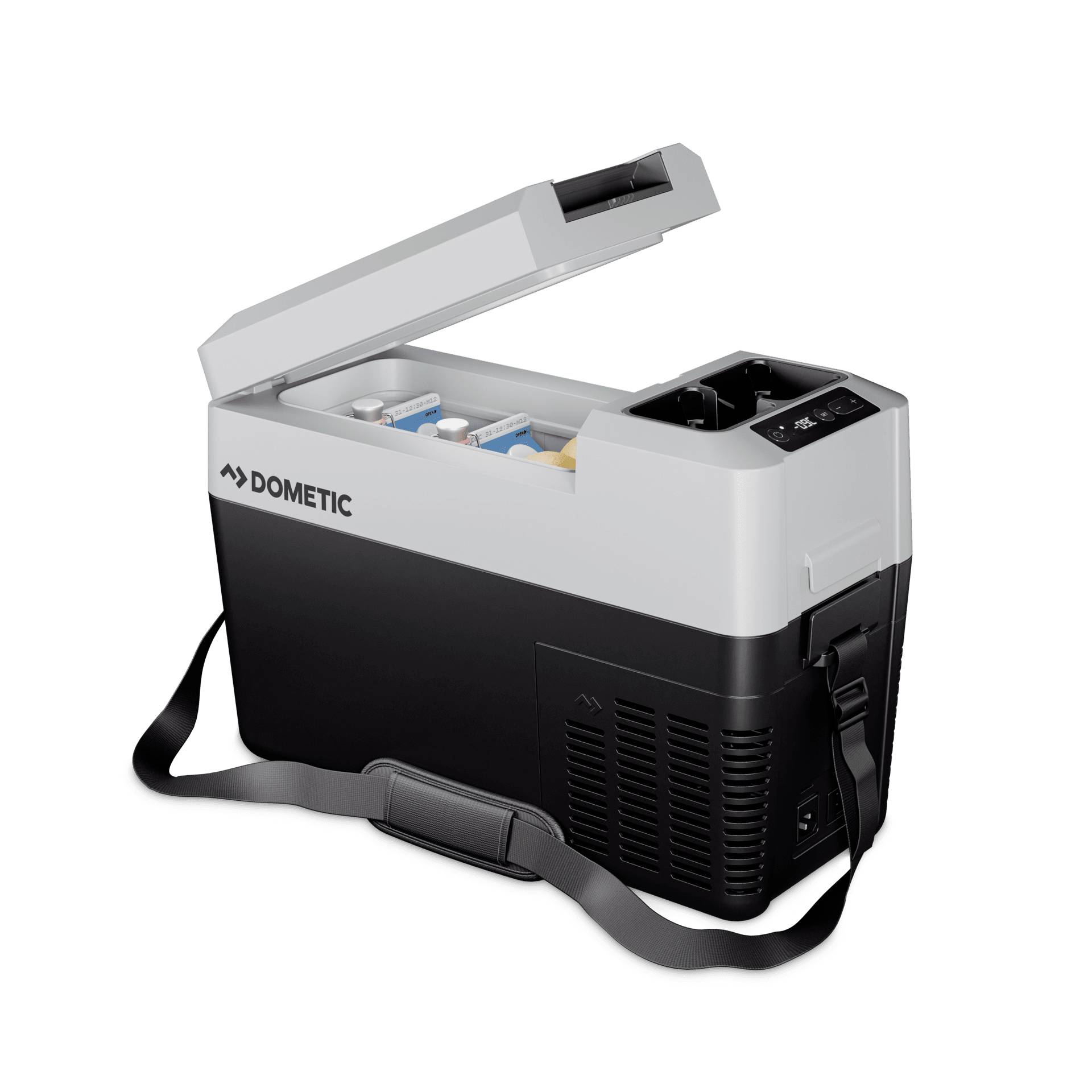 Draagbare Dometic elektrische koelbox met geopend deksel, met opgeslagen drinken en voedsel; zwarte schouderband en bedieningspaneel zichtbaar.