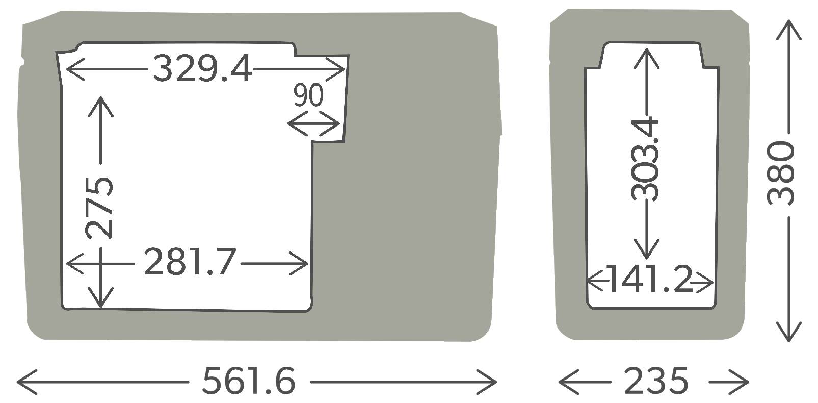 Technisch afmetingentekening van een onregelmatige uitsnijdingsvorm, met breedte 561,6 en hoogte 380, met binnenafmetingen 329,4, 275, 281,7, 90, 235, 303,4 en 141,2.