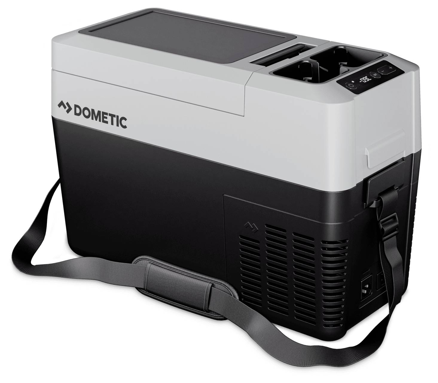 Draagbare Dometic elektrische koeler met schouderband, weergegeven in zwart en grijs.