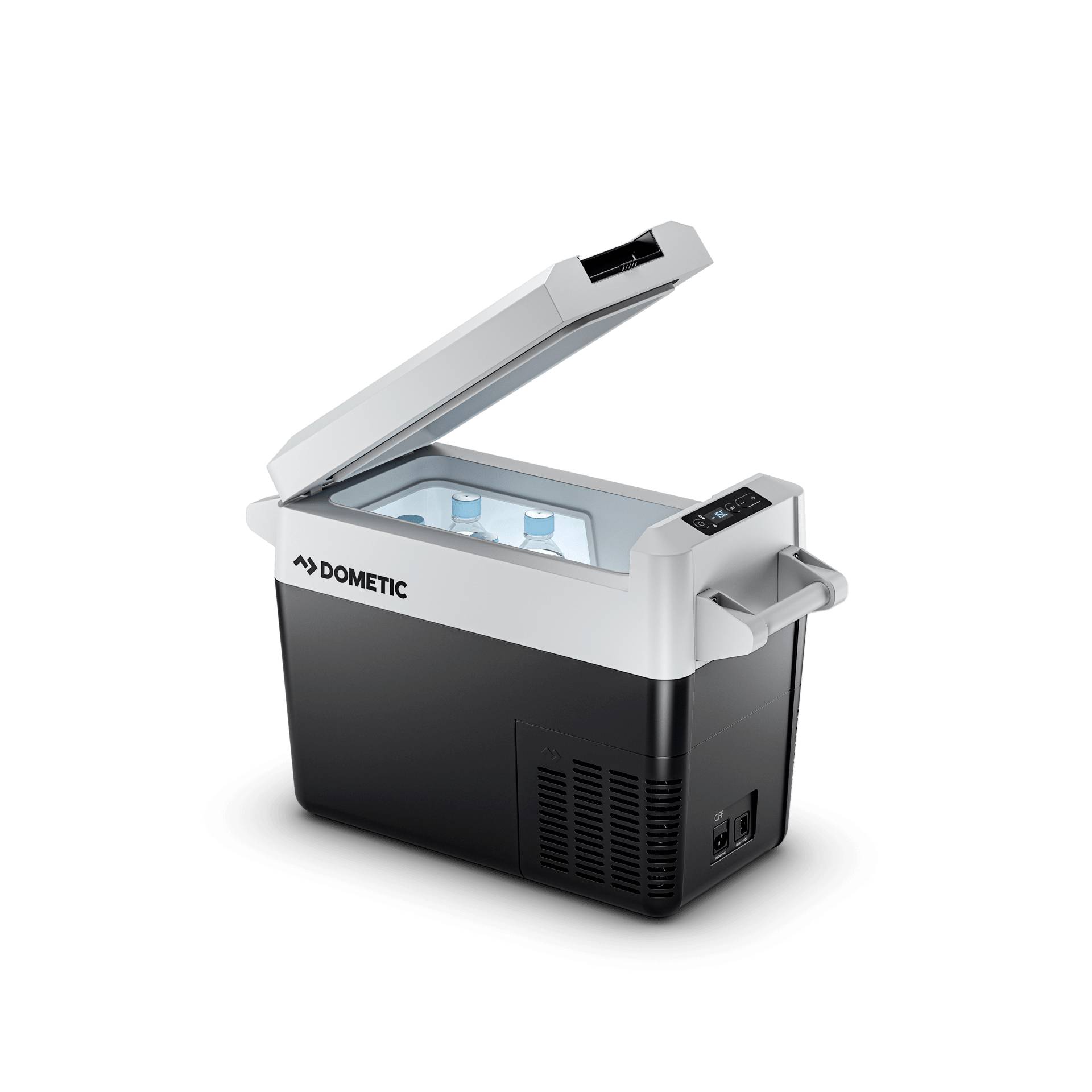 Draagbare Dometic elektrische koelkast met scharnierend deksel open, met flessen drinken erin en een digitaal bedieningspaneel aan de zijkant.
