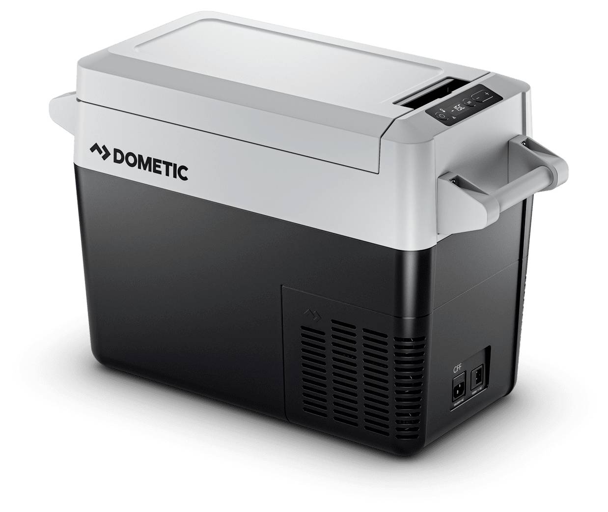 Draagbare Dometic elektrische koelbox met deksel, zijgrepen en ventilatierooster aan de voorkant.