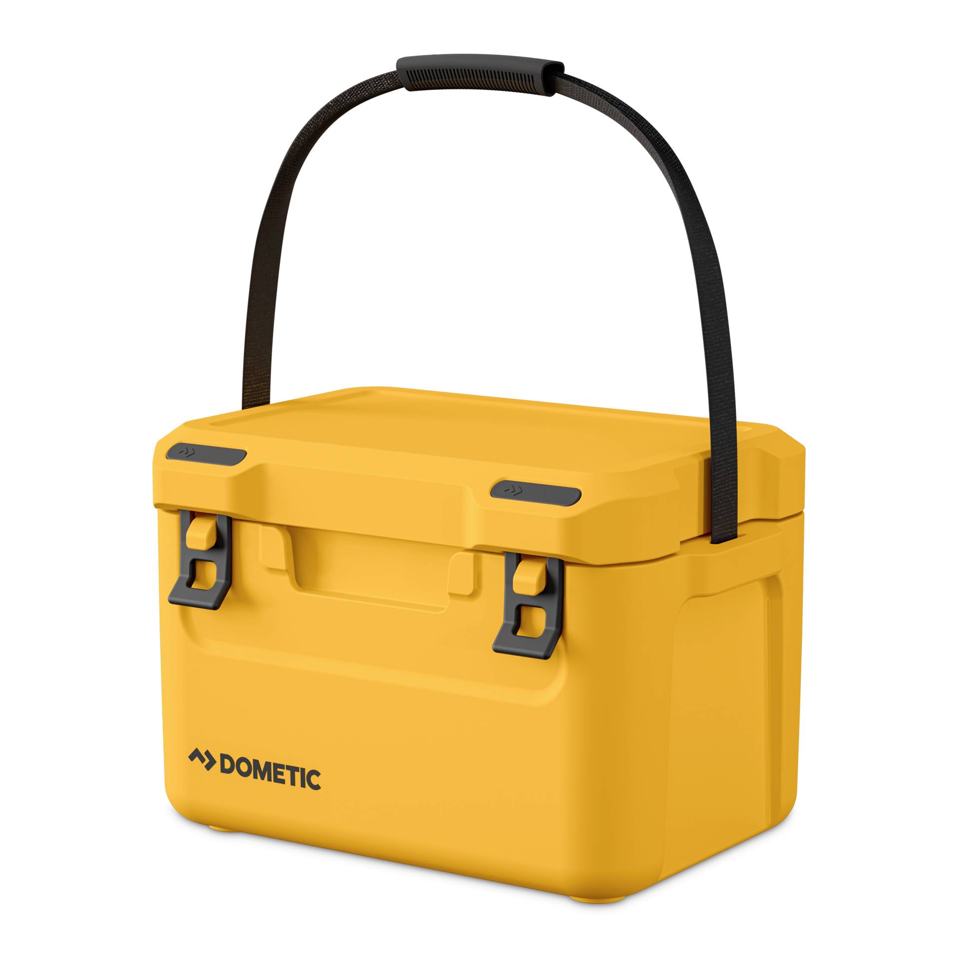 Gele Dometic koelbox met harde wanden, zwarte draagband en sluitingen, afgebeeld op een effen witte achtergrond.