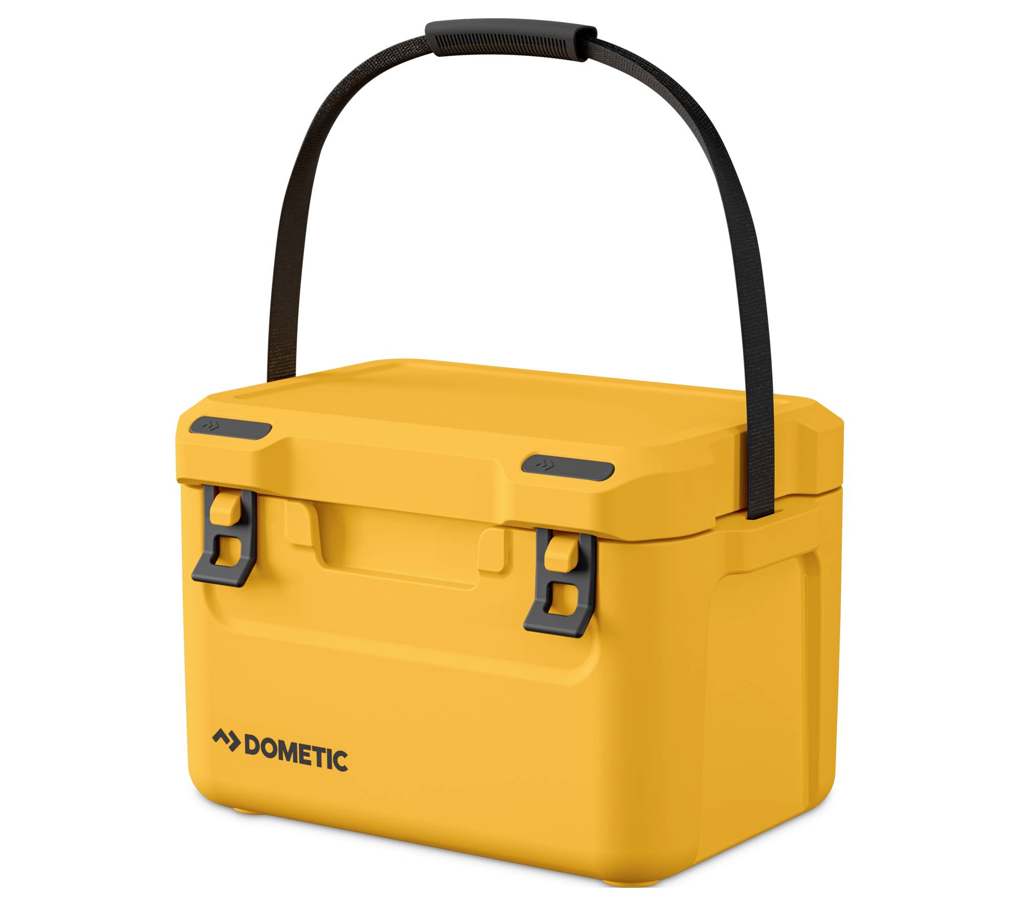 Gele Dometic koelbox met zwart handvat en sluitingen, geïsoleerd weergegeven op een witte achtergrond.