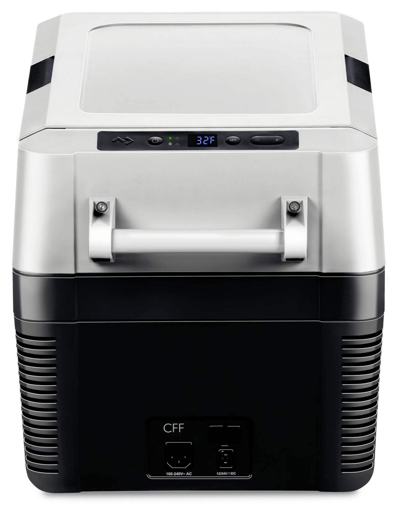 Draagbare elektrische koeler met scharnierend deksel, voorgreep en digitaal temperatuurweergavescherm met aanduiding 32°F.