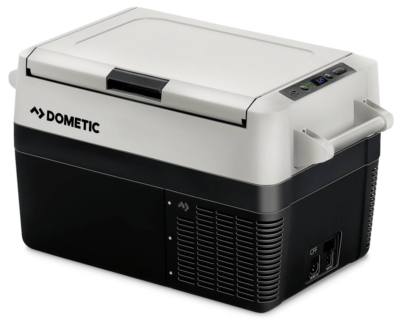 Dometic draagbare elektrische koelkast met wit deksel en zwart lichaam, weergegeven in driekwartaanzicht met handvat, ventilatieopening en bedieningspaneel zichtbaar.
