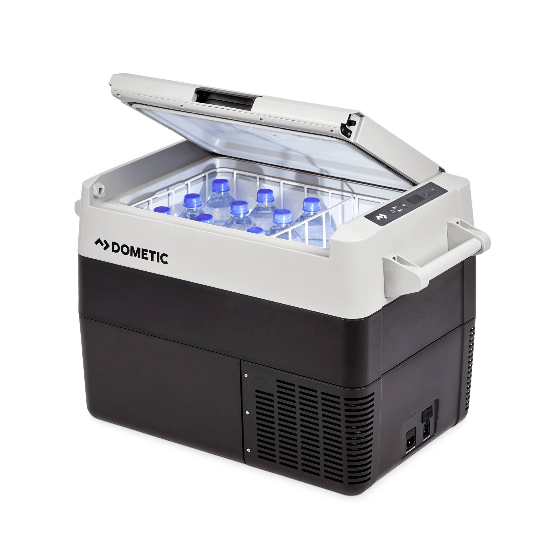 Draagbare Dometic elektrische koelkast met open deksel, waarin meerdere blauwe flessen zichtbaar zijn en bedieningspaneel bovenop.