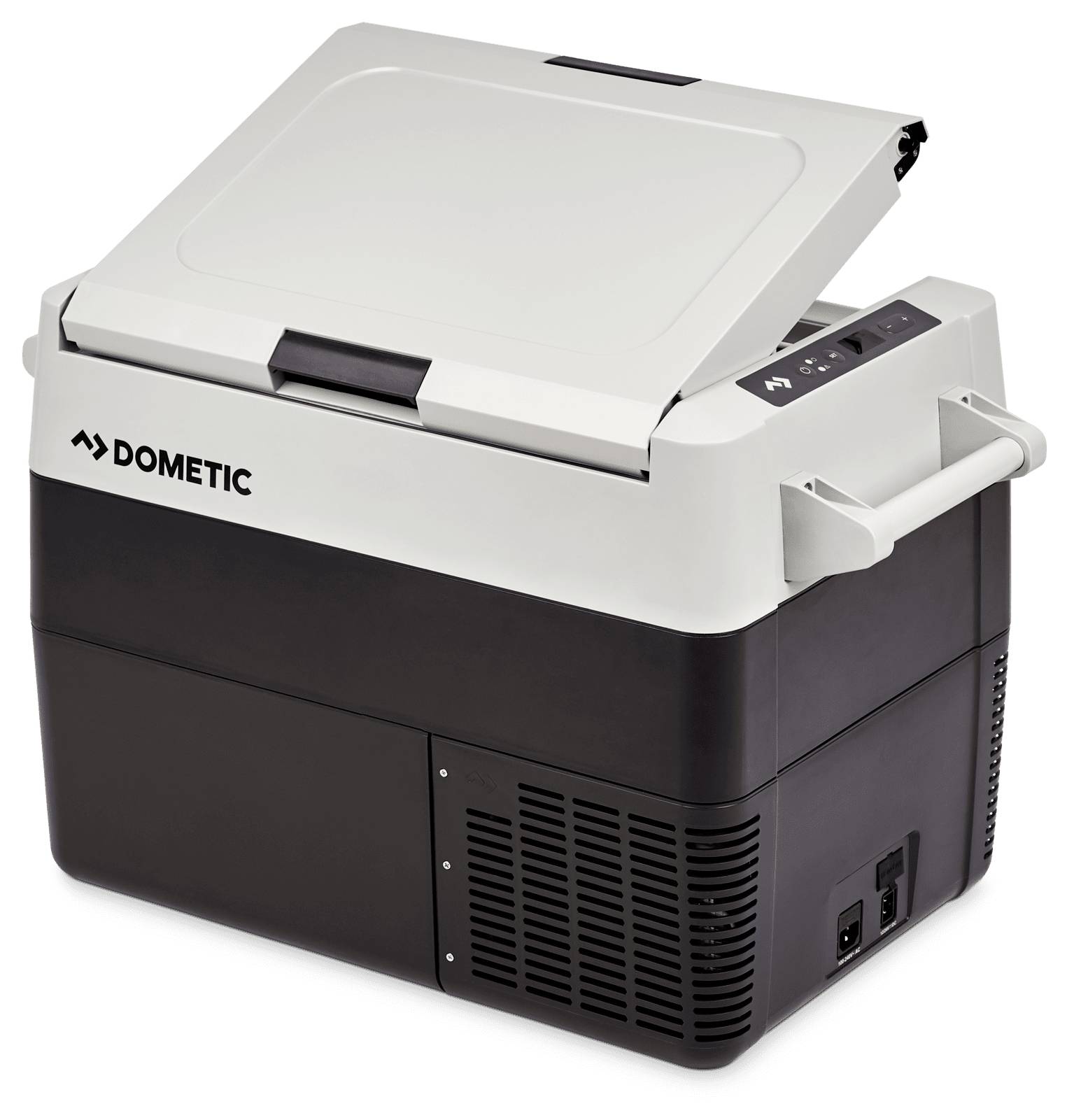 Dometic draagbare elektrische koelbox met scharnierend deksel, zijgrepen, bedieningspaneel en ventilatierooster aan de voor- en zijkant.