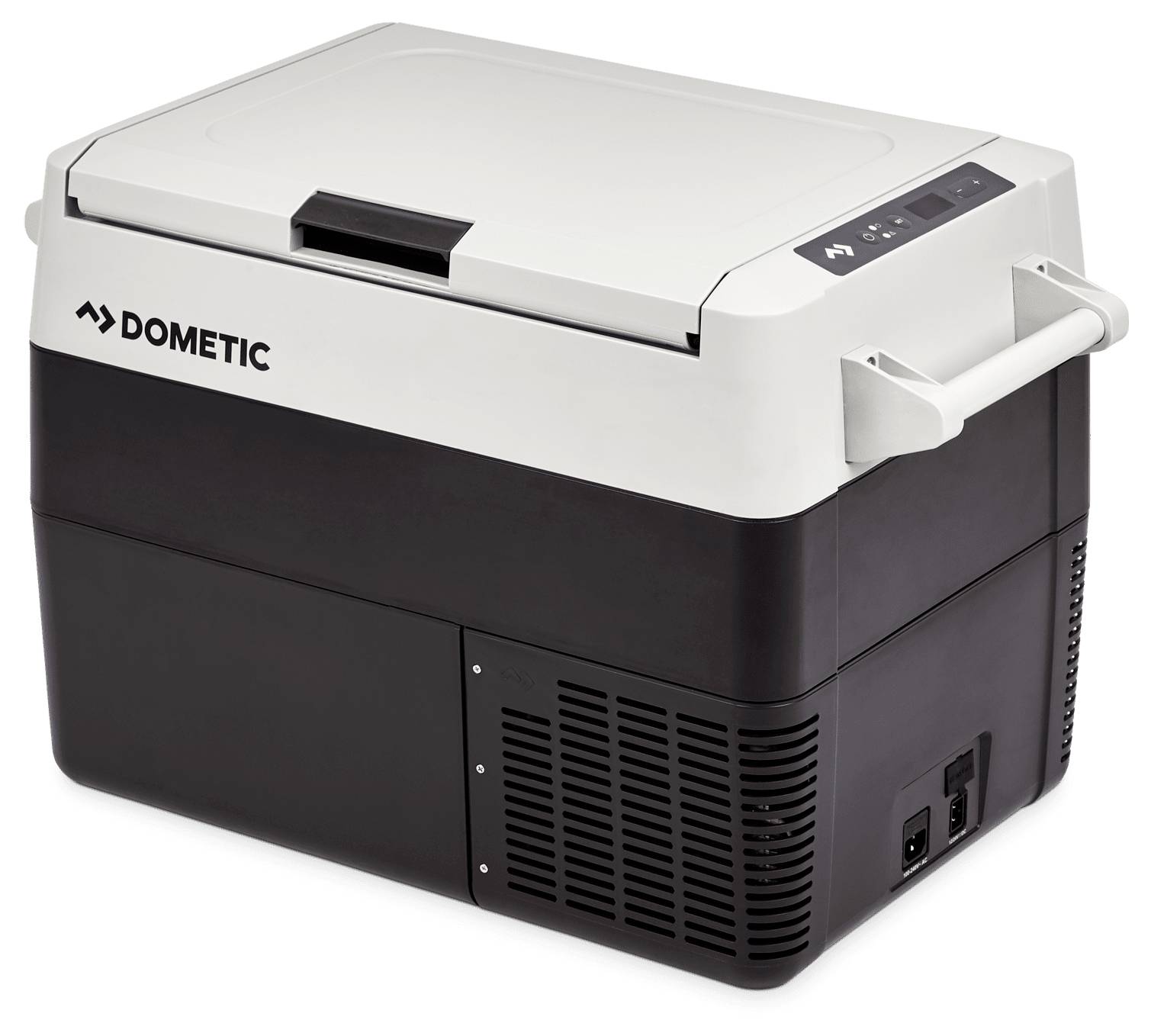 Draagbare Dometic elektrische koelbox met een scharnierend deksel, zijhandvaten en bedieningspaneel rechtsboven.