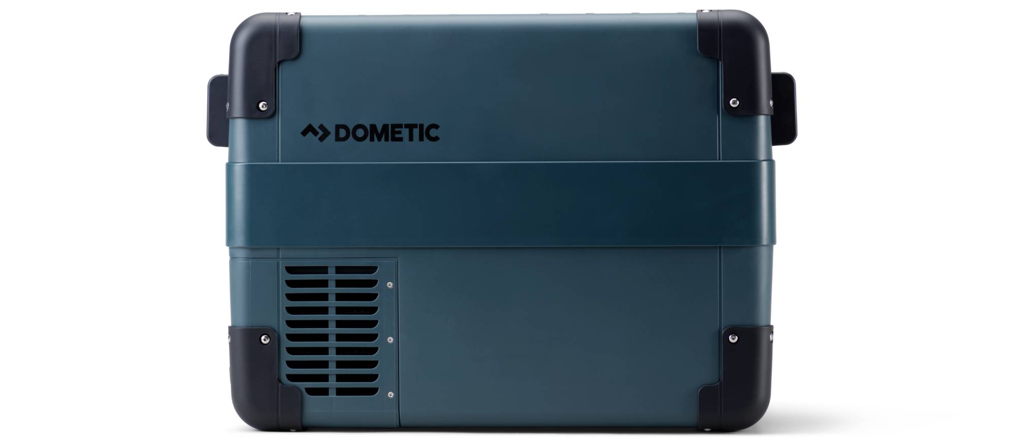 Draagbare Dometic koeler- of koelkast in turquoise met zwarte hoekbeschermers, afgebeeld tegen een witte achtergrond.