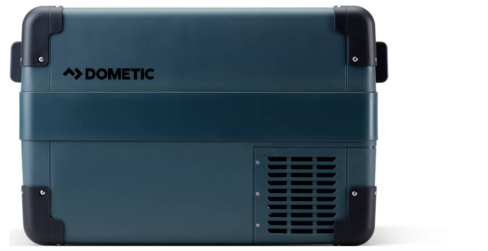 Teale Dometic draagbare koelbox of koelkast met zwarte hoekbescherming en frontventilatie, weergegeven op een witte achtergrond.