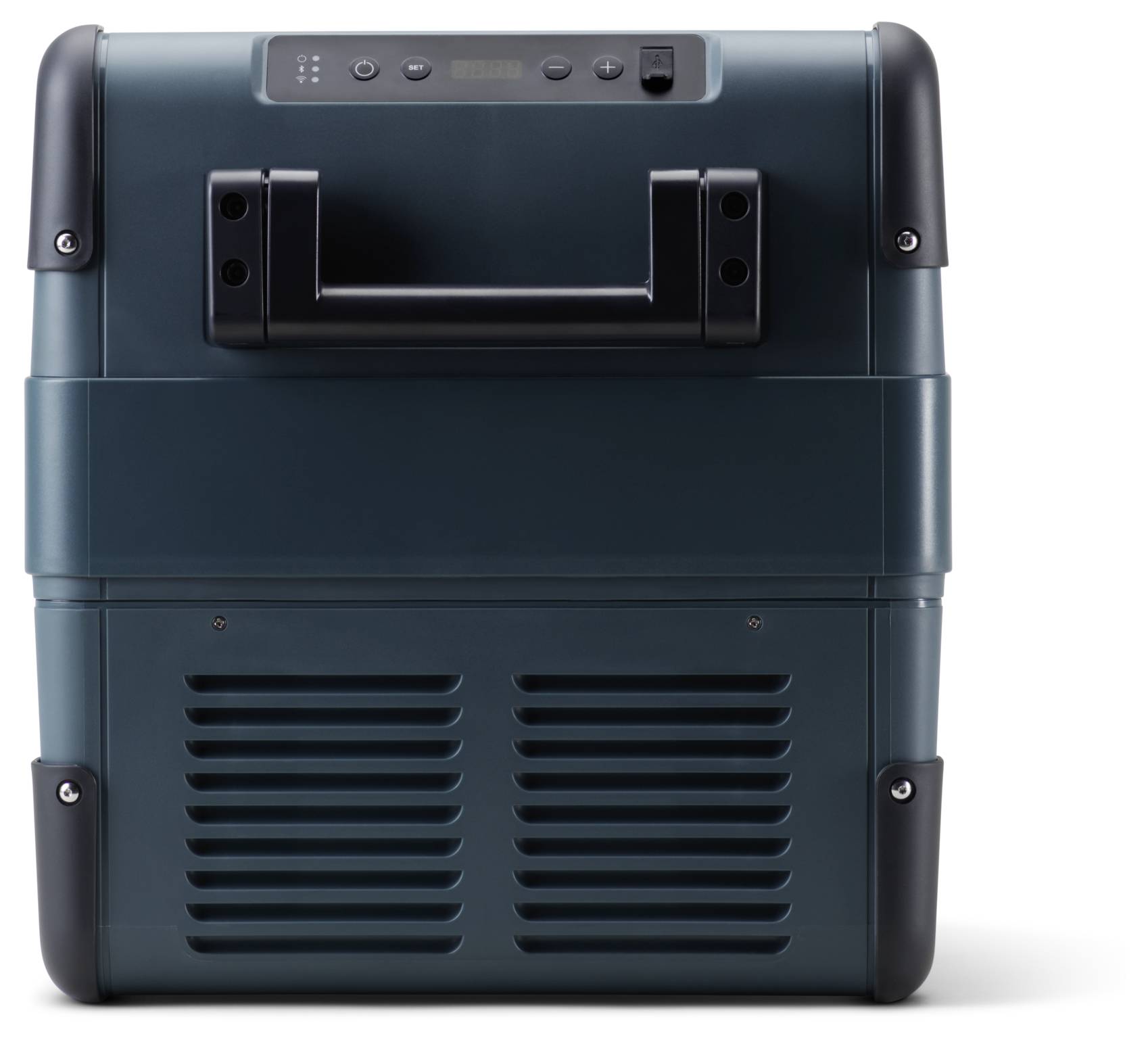Vooraanzicht van een donkergroenblauwe draagbare koelkast met een bedieningspaneel bovenop, zijgrepen en ventilatierooster aan de voorkant op een witte achtergrond.