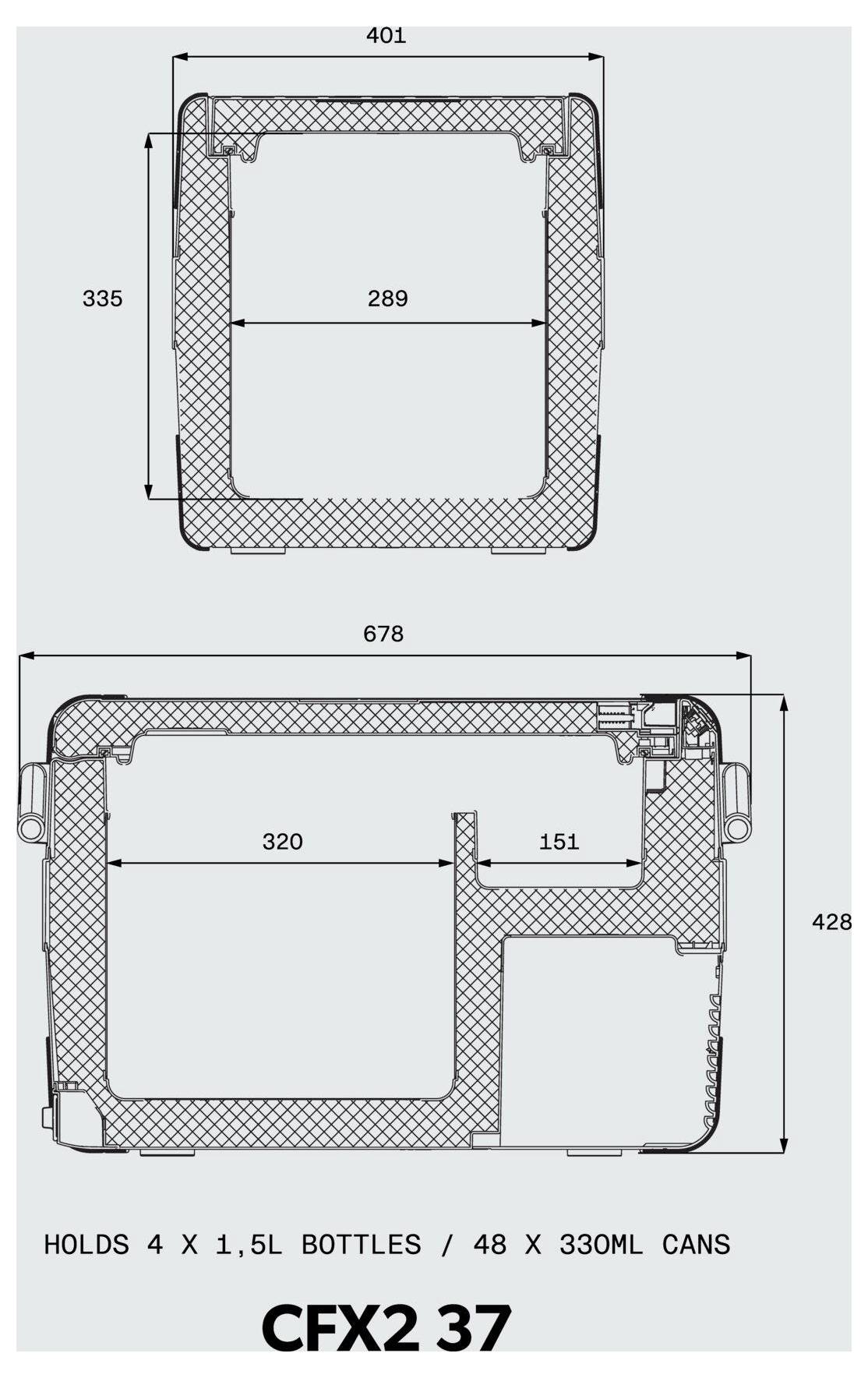 Diagram van een CFX2 37 koeler met bovenaanzicht en zijaanzicht van dimensies, binnenformaat en capaciteit: 4 x 1,5L flessen of 48 x 330ml blikjes.