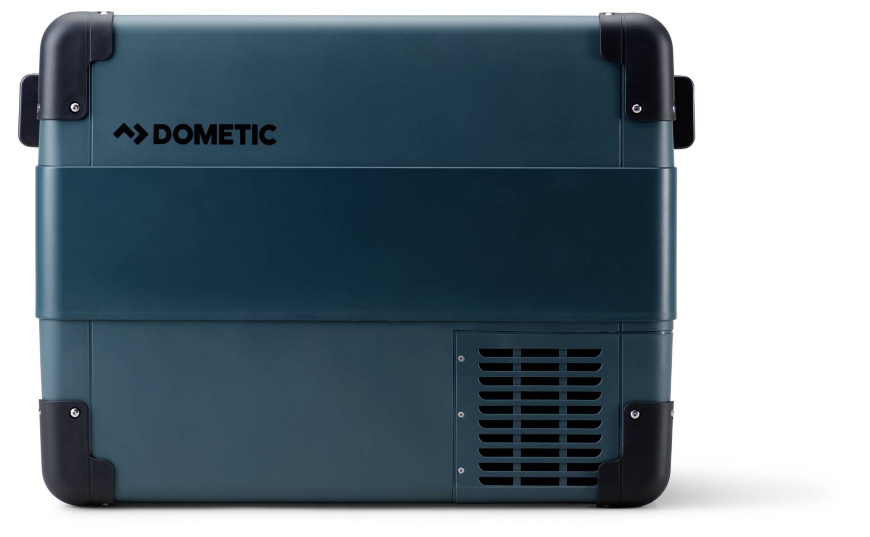 Dometic draagbare koelbox/koelkast in donkerteal en zwart, gesloten van voren getoond op een witte achtergrond.