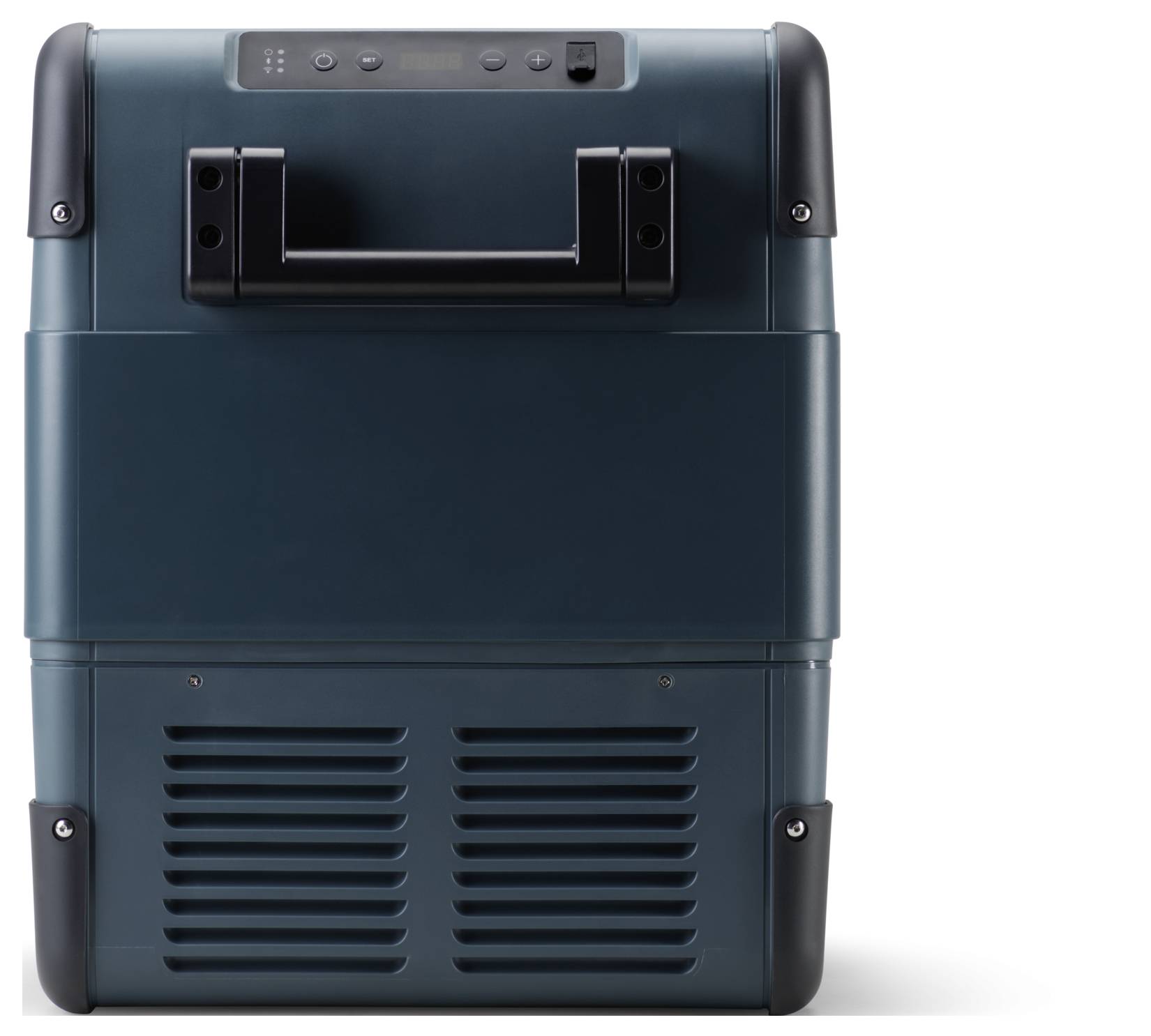 Draagbare elektrische koeler of mini-koelkast, donkerblauwe-groen met zwart handvat en ventilatieopeningen, van voren afgebeeld op een witte achtergrond.