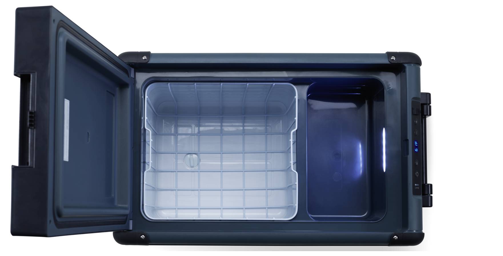 Open compact koelkast of minikoelkast met een lege binnenkant en verwijderbare transparante bak, van bovenaf gezien.