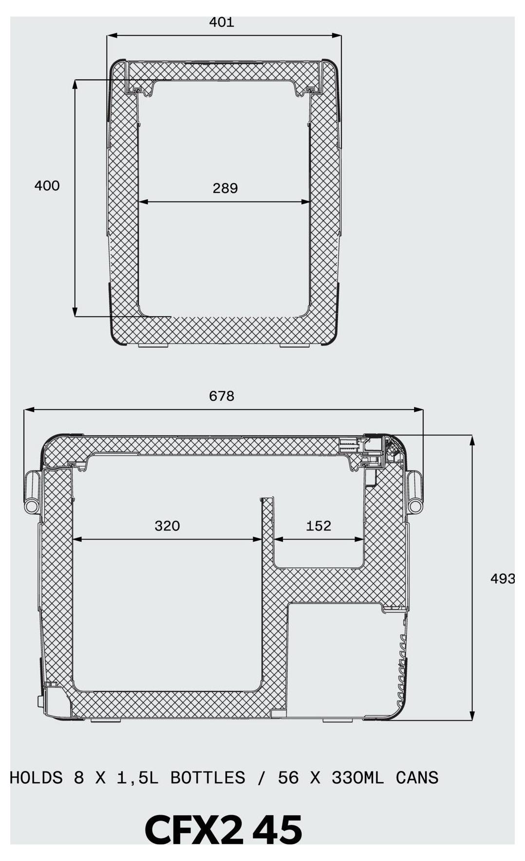 Technische dimensietekeninga van een CFX2 45 koeler, met voor- en bovenaanzichten met afmetingen en opmerking over interne capaciteit: geschikt voor 8 x 1,5L flessen of 56 x 330ml blikjes.