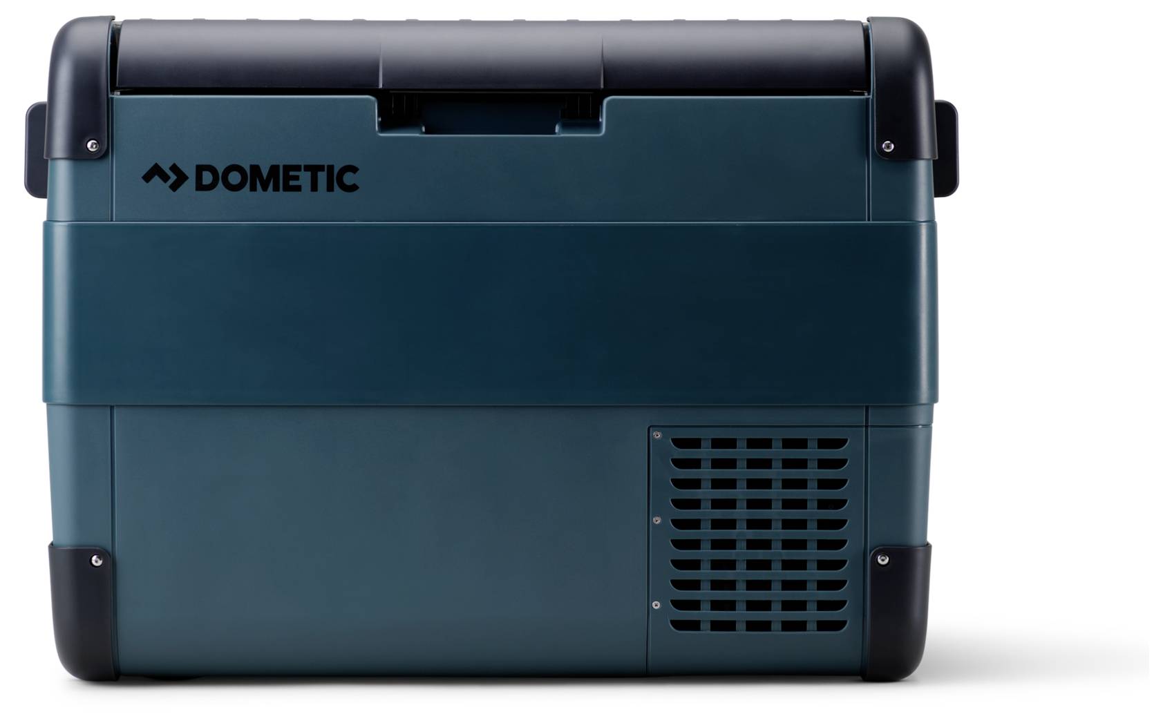 Teal Dometic draagbare koelbox of koelkast met zwarte handvaten en ventilatieopeningen, getoond gesloten op een witte achtergrond.