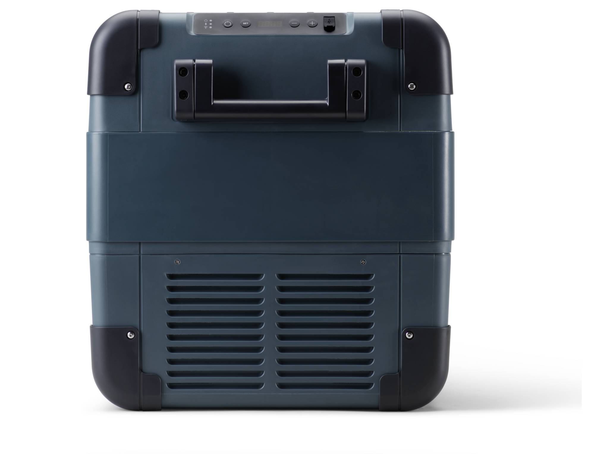 Donkerblauwe draagbare koelbox of mini-koelkast met een bovenkant handvat en voorkant ventilatierooster, afgebeeld op een witte achtergrond.