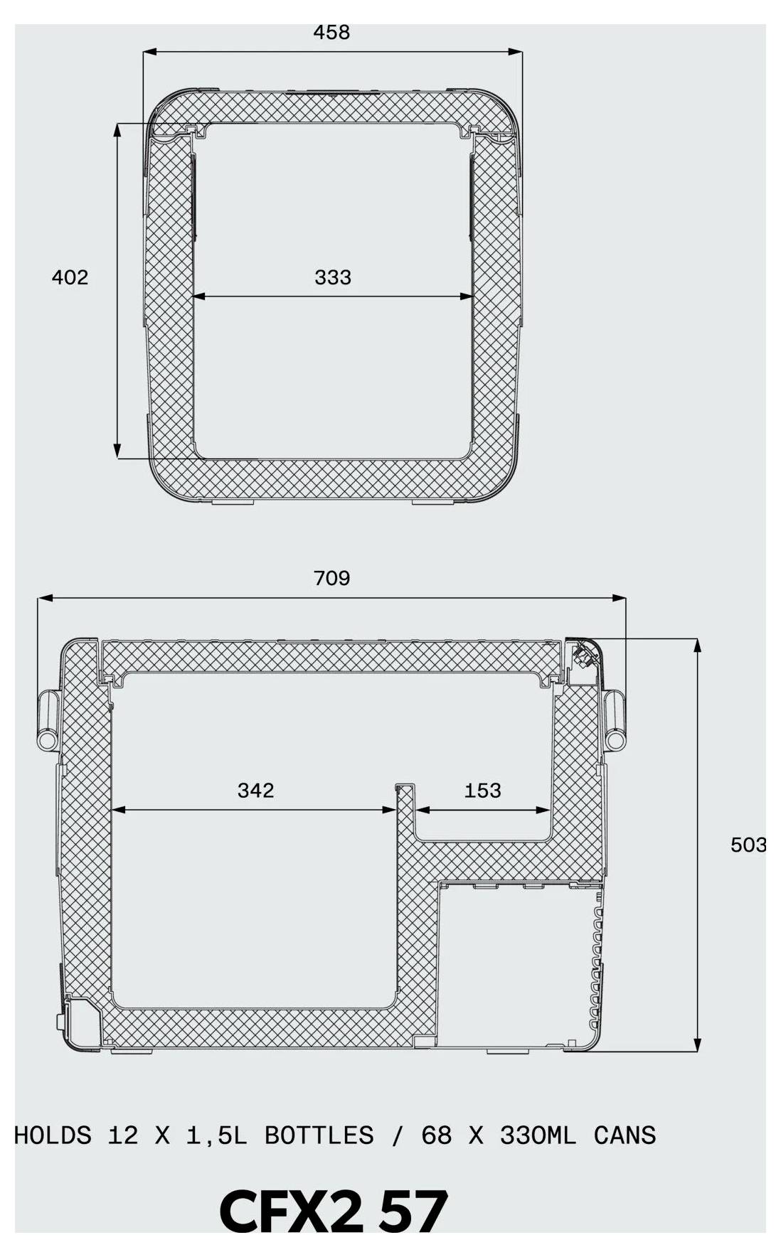 Dimensionele tekening van een CFX2 57 koeler met uitwendige en inwendige afmetingen en opslagcapaciteit: geschikt voor 12 x 1,5L flessen of 68 x 330ml blikjes.