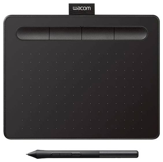 Een zwart rechthoekig Wacom-tablet met drie knoppen aan de bovenkant wordt getoond met een stylus eronder geplaatst.
