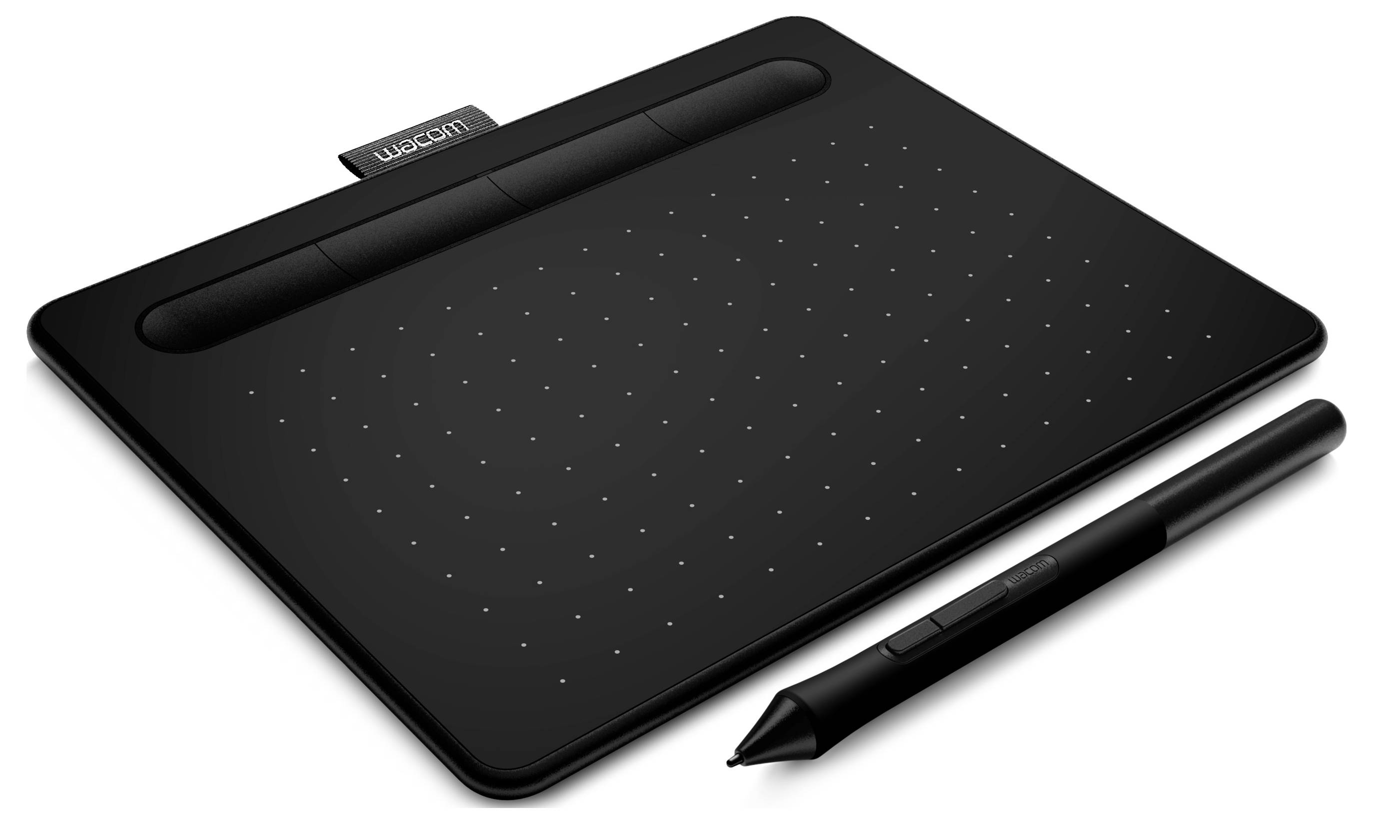 Een zwart tekenblad met een stylus pen, voorzien van een gestippeld oppervlak en een tabblad met het label 'Wacom', gebruikt voor digitale kunst en ontwerp.