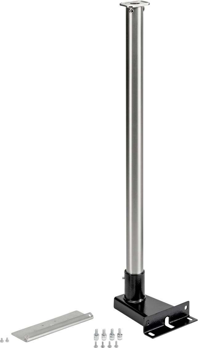 Metalen ondersteuningspaal met zwarte basis en rechthoekige montagebeugel. Inclusief schroeven voor installatie. Geschikt voor structureel ondersteunend gebruik.