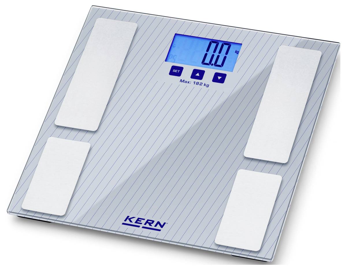 Een digitale badkamerweegschaal met een blauwe verlicht display dat '0.0' aangeeft. Het merk 'Kern' staat op het platform. Maximaal gewicht: 182 kg.